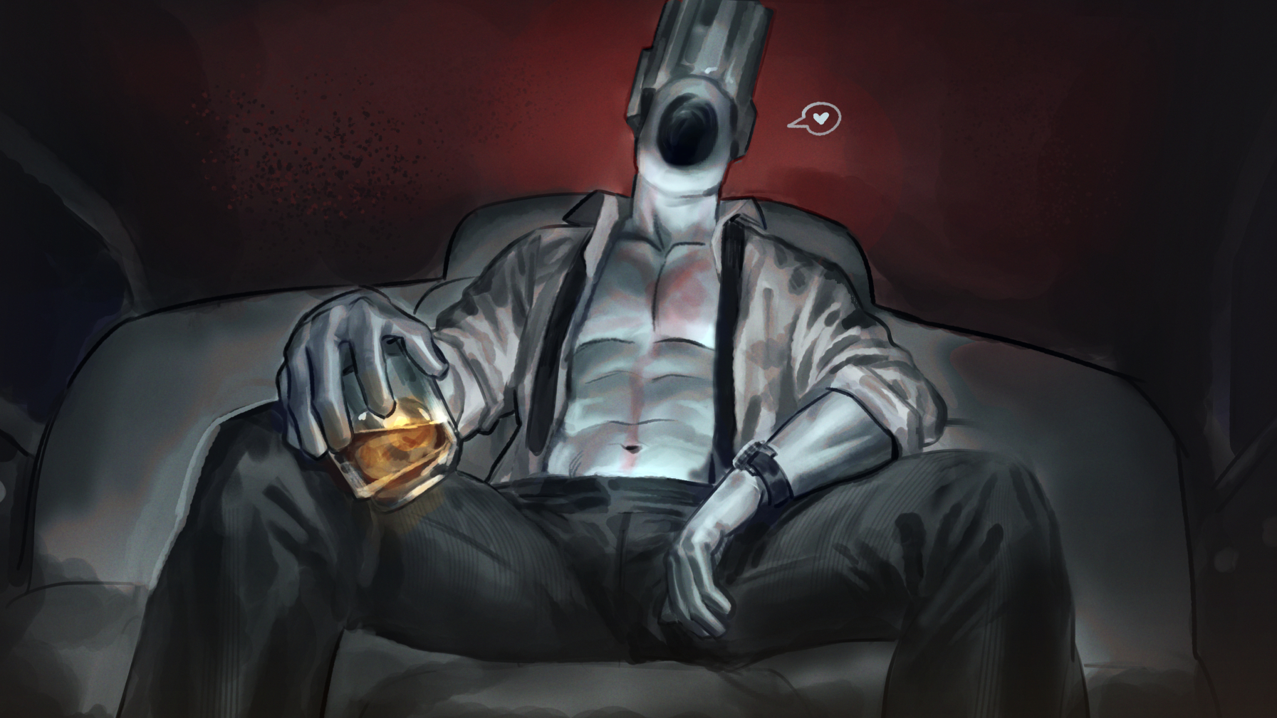 alcohol, clothed, francishsie, looking at viewer, male, manspreading, minos prime (ultrakill), muscular, muscular male, prime soul, solo male, spoken heart, ultrakill