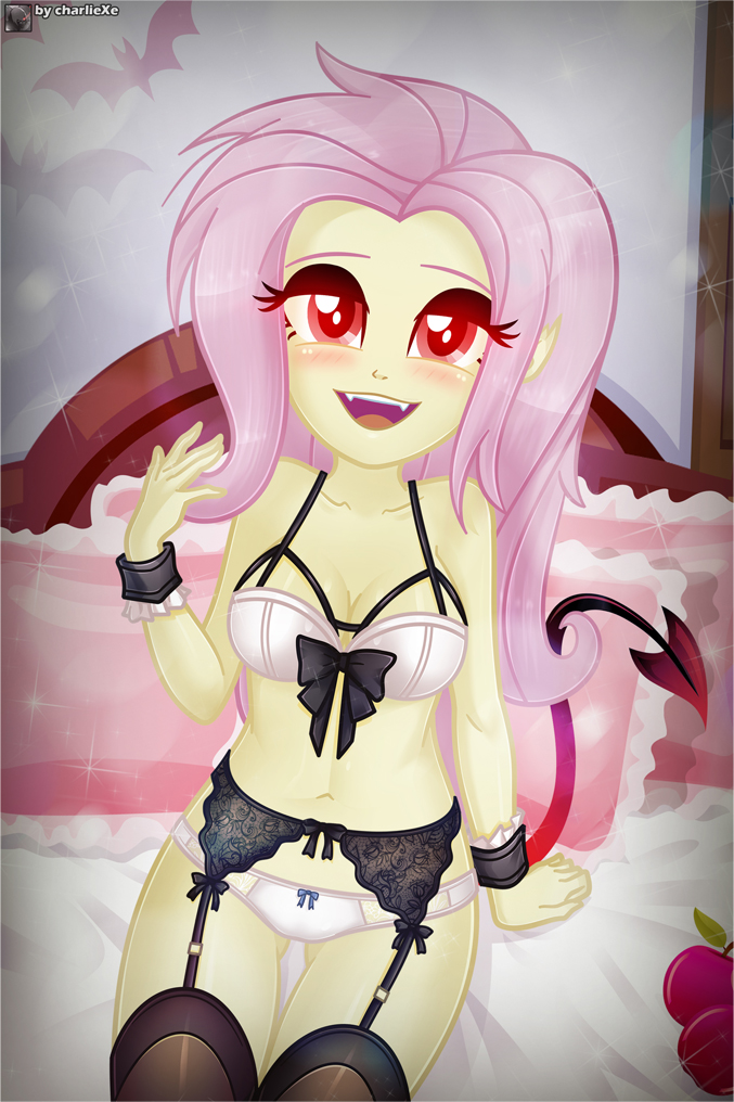 1girls apple bedroom blush bra charliexe cleavage demon_tail equestria_girls female female_only flutterbat flutterbat_(mlp) fluttershy fluttershy_(eg) fluttershy_(mlp) friendship_is_magic glowing_eyes hasbro lingerie long_hair looking_at_viewer lowres my_little_pony open_mouth pillows pink_hair red_eyes smile smiling_at_viewer solo suggestive_look tail thighhighs thong vampire yellow_skin