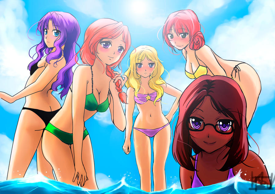 5girls abigail_(stardew_valley) artist_request beach blonde_hair blue_eyes blush blushing_at_viewer brown_hair dark-skinned_female dark_skin female female_only green_eyes haley_(stardew_valley) in_water leah_(stardew_valley) light-skinned_female light_skin looking_at_viewer maru_(stardew_valley) penny_(stardew_valley) purple_eyes purple_hair stardew_valley swimsuit