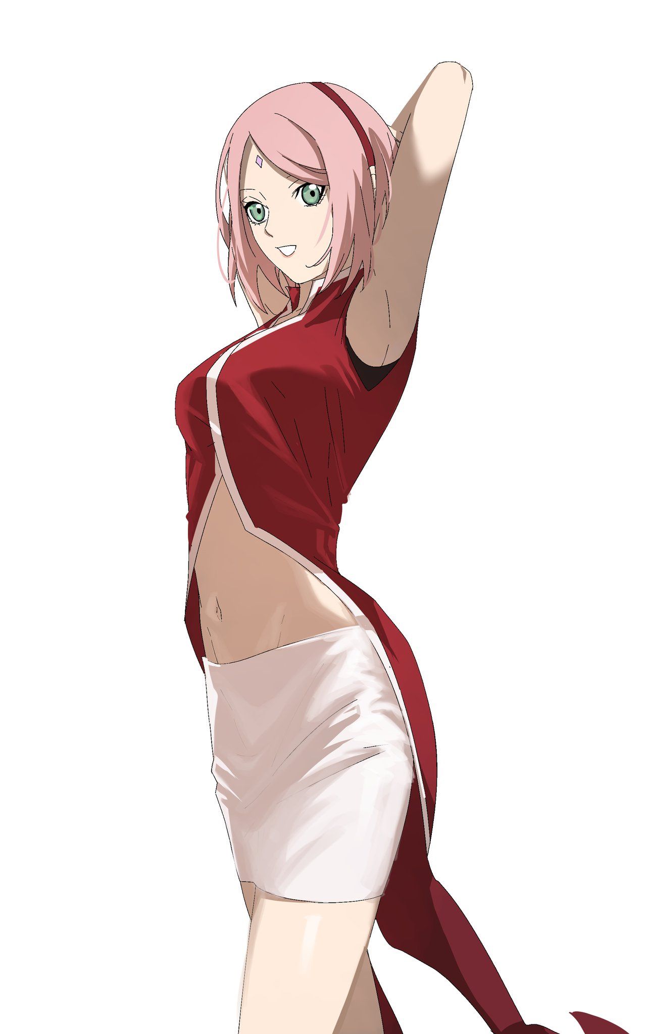 1girls, armpits, arms behind head, arms up, artist request, bare arms, bare legs, bob cut, boruto: naruto next generations, breasts, clothing, cowboy shot, facial mark, female, female only, forehead mark, green eyes, high resolution, kunoichi, large filesize, legs, long image, looking at viewer, medium breasts, medium hair, midriff, milf, naruto, naruto (series), open mouth, open-mouth smile, pink hair, red headband, red topwear, sakura haruno, short hair, showing armpits, skirt, sleeveless, smile, smooth armpits, solo, solo female, tall image, very high resolution, white background, white skirt