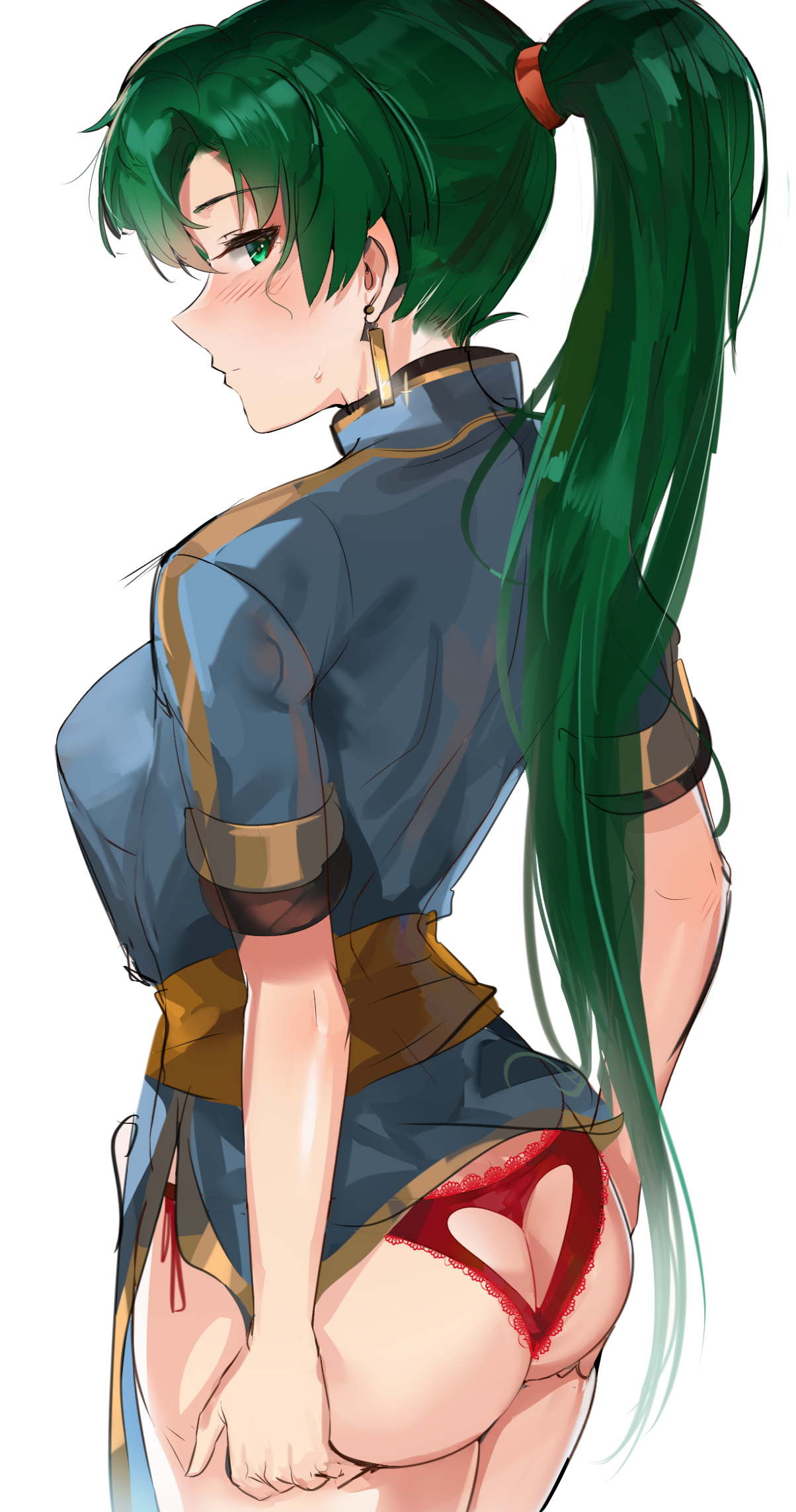 ass, ass cleavage, ass crack, ass grab, back view, belt, big ass, big breasts, blush, breasts, butt crack, curvy, earrings, exposed ass, female, fire emblem, fire emblem: the blazing blade, green eyes, green hair, hi res, holding ass, looking at viewer, lyn (fire emblem), nintendo, ormille, panties, ponytail, sweat, underwear