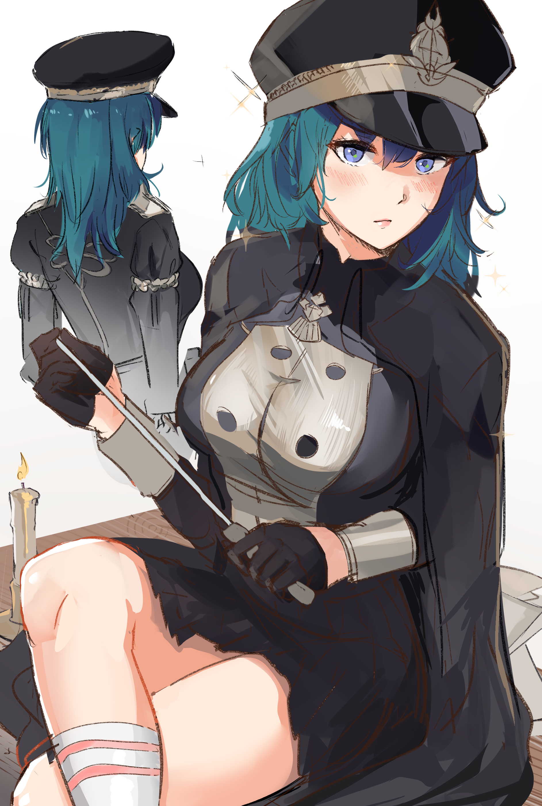 back view, big breasts, blue eyes, breasts, buttons, byleth (fire emblem), byleth (fire emblem) (female), candle, cape, female, fire emblem, fire emblem: three houses, gloves, hat, hi res, legs, looking at viewer, medium hair, nintendo, ormille, pointer, skirt, socks, teal hair, thighs, uniform