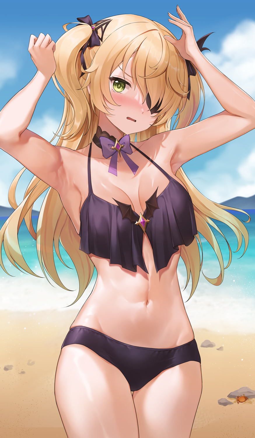 armpits arms_up beach bikini blonde_hair blush breasts cleavage crab eyepatch female female_only fischl_(genshin_impact) genshin_impact green_eyes hi_res looking_at_viewer lunacle midriff mihoyo navel swimwear twintails