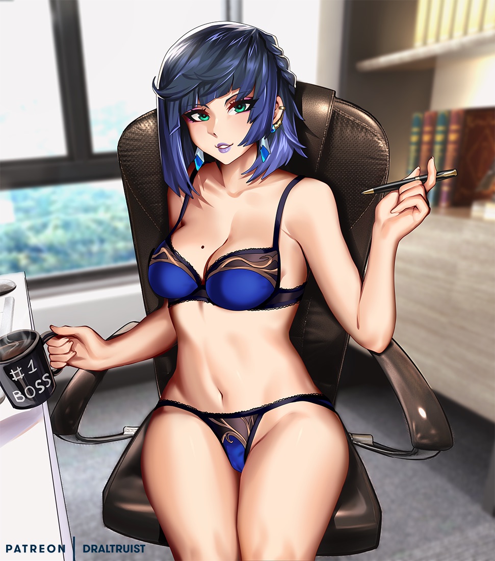 bra breasts draltruist genshin_impact panties thick_thighs yelan_(genshin_impact)