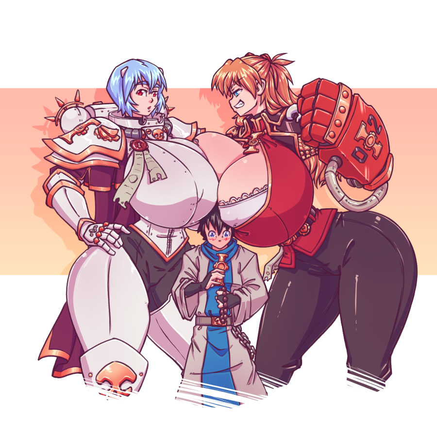 1boy 2022 2girls adepta_sororitas amazon armor asuka_langley_sohryu bent_forward between_breasts black_hair blue_hair blush bra breasts breasts_bigger_than_head cleavage clothing color crossover female female_space_marine giantess gigantic_breasts huge_breasts imperium_of_man inquisition_(warhammer_40k) inquisitor_(warhammer_40k) large_breasts larger_female male mini_giantess n647 neon_genesis_evangelion nipple_bulge orange_hair power_armor purity_seal rei_ayanami rule_63 shinji_ikari sister_of_battle size_difference smaller_male symmetrical_docking taller_girl thick_thighs thin_waist voluptuous warhammer_(franchise) warhammer_40k weapon wide_hips