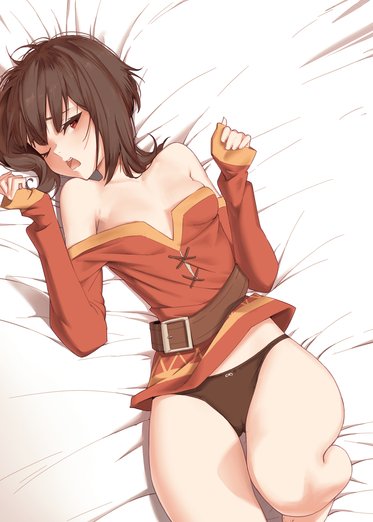 1girls, alternate version available, belt, black panties, bottomwear, breasts, brown hair, clothing, female, female only, hair, kono subarashii sekai ni shukufuku wo!, kuroneko pantsu, megumin, on bed, one eye closed, panties, red eyes, small breasts, solo, solo female, thighs, topwear