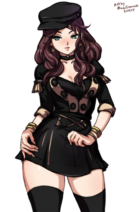 1girls, 2019, black legwear, blue eyes, bracelet, breasts, brown hair, choker, cleavage, curly hair, dated, dorothea arnault, earrings, female, female only, fire emblem, fire emblem: three houses, garreg mach monastery uniform, hat, jewelry, large breasts, minacream, nintendo, pre-timeskip, solo, thighhighs, thighs, zettai ryouiki