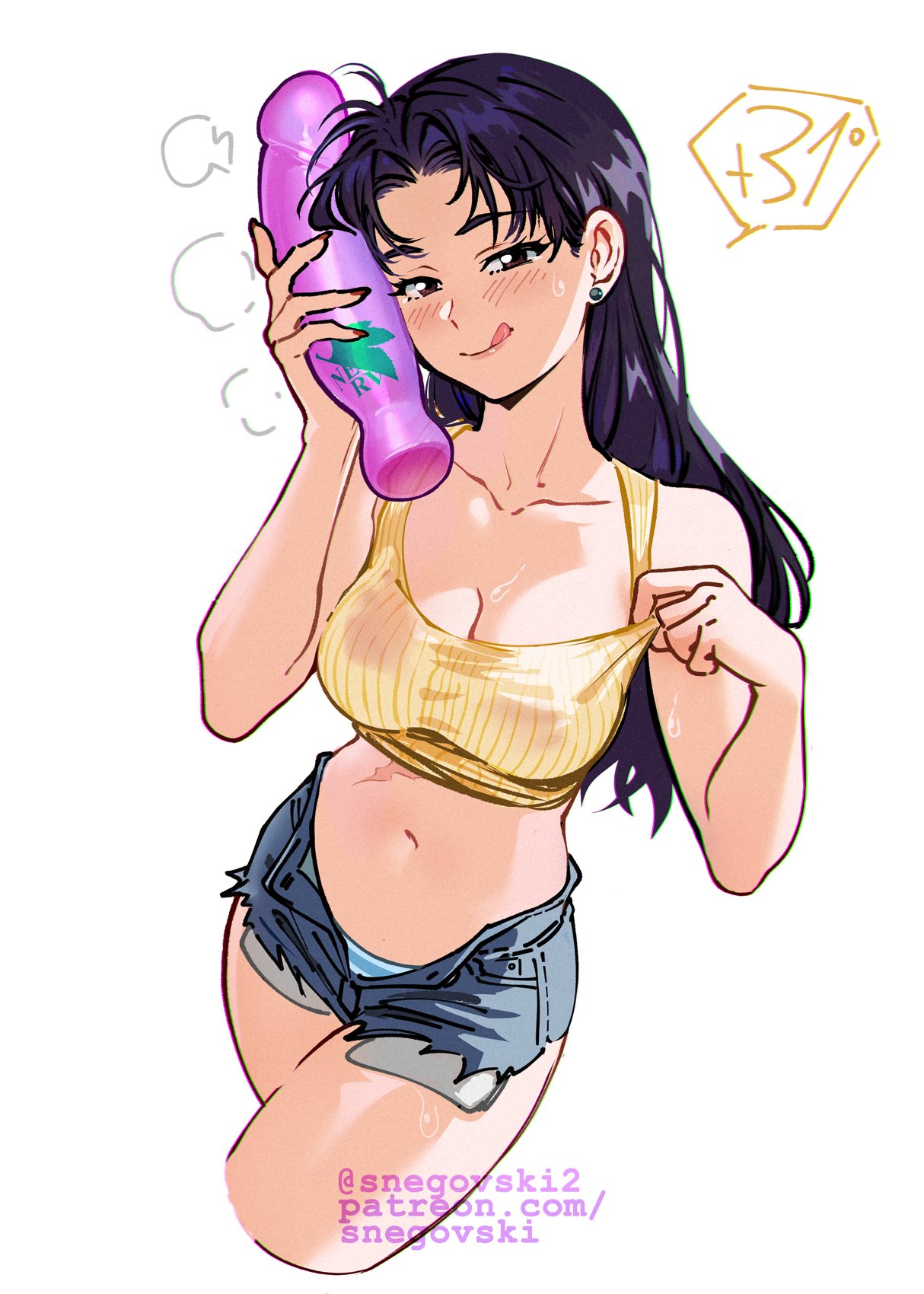 belly, belly button, big breasts, blush, blushing, breasts, cleavage, clothing, crop top, dildo, drunk, female, huge breasts, large breasts, milf, misato katsuragi, neon genesis evangelion, older female, panties, pink dildo, purple hair, scar, short jeans, shorts, snegovski, thick, tummy, wet