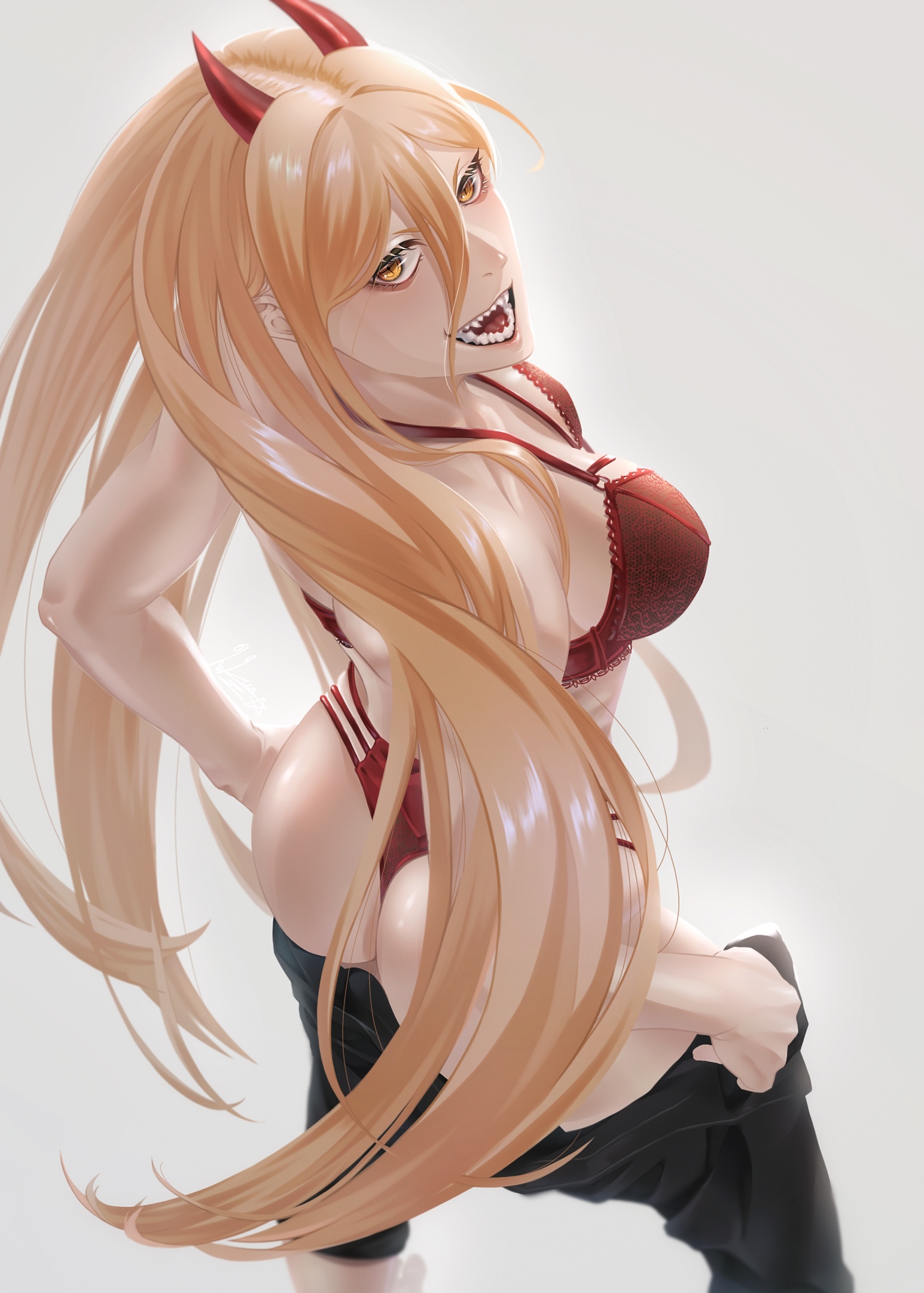 ass, big ass, big breasts, breasts, chainsaw man, demon, demon girl, demon horns, female, hakua (hka art), horns, power (chainsaw man), sharp teeth