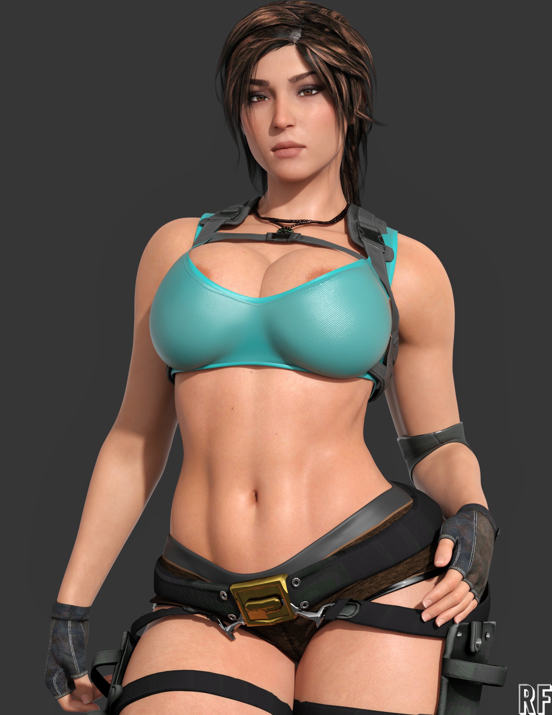 1girls, 3d, abs, backpack, bag, belt, big breasts, black hair, breasts, brown eyes, female, female only, handwear, huge breasts, human, lara croft, lara croft (classic), large breasts, legwear, looking at viewer, muscular, muscular female, neckwear, pale skin, rude frog, solo, thick thighs, thunder thighs, tomb raider, tomb raider (classic), toned, toned female