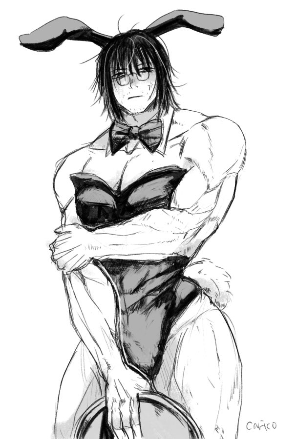 anger_vein annoyed bowtie bunny_boy bunny_ears bunny_tail bunnysuit carico3 crossdressing detached_collar facial_hair fake_animal_ears glasses kengan_(series) kengan_omega looking_at_viewer male male_only messy_hair monochrome muscular muscular_male sketch solo stubble thick_thighs tokuno’o_tokumichi wide_hips