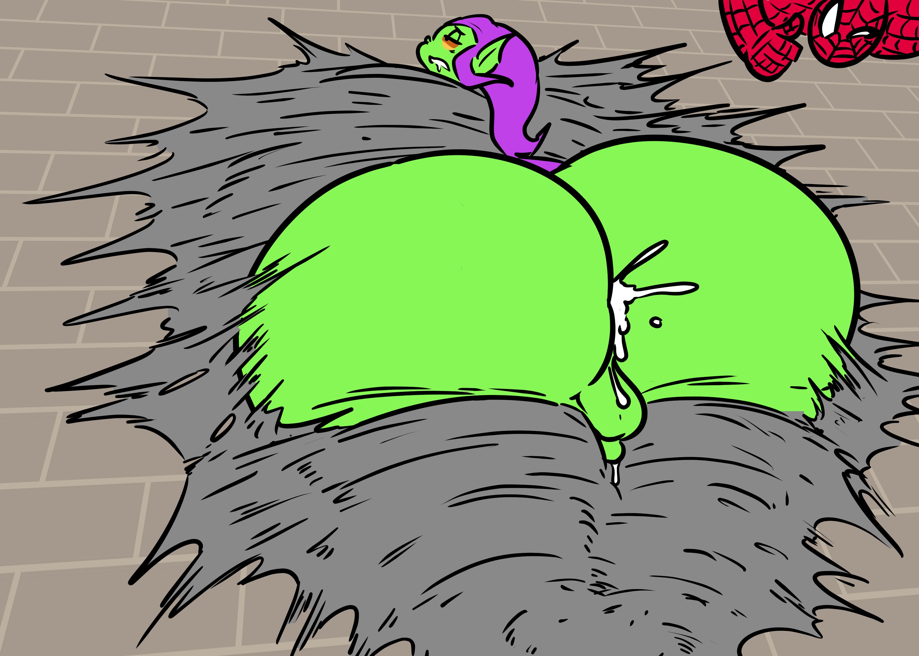 2boys, after anal, after sex, ass, backsack, balls, ballsack, bottom heavy, bottomless, chubby, chubby male, cum in ass, drooling, gammanaut, green goblin, green skin, hi res, highres, huge ass, male, male only, male/male, marvel, marvel comics, norman osborn, peter parker, purple hat, rear view, restrained, smooth skin, spider-man, spider-man (series), superchub, thick thighs, thumbs up, web, web bondage, what, wide hips, wink, yellow sclera