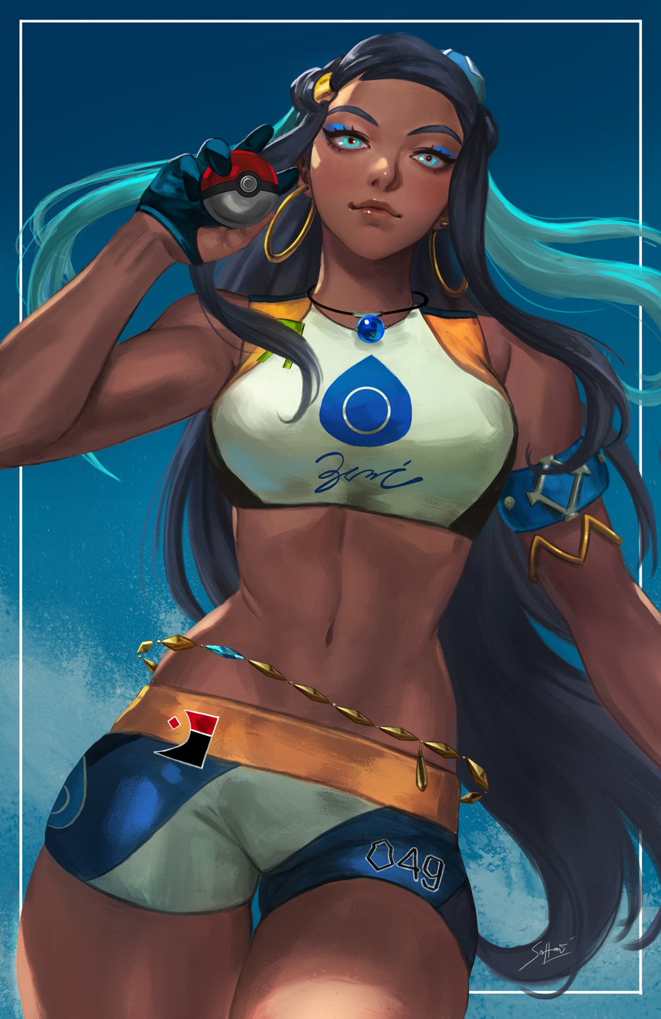 1girls athletic_female dark-skinned_female female female_only human looking_at_viewer nessa_(pokemon) pokemon pokemon_ss short_shorts soffa solo