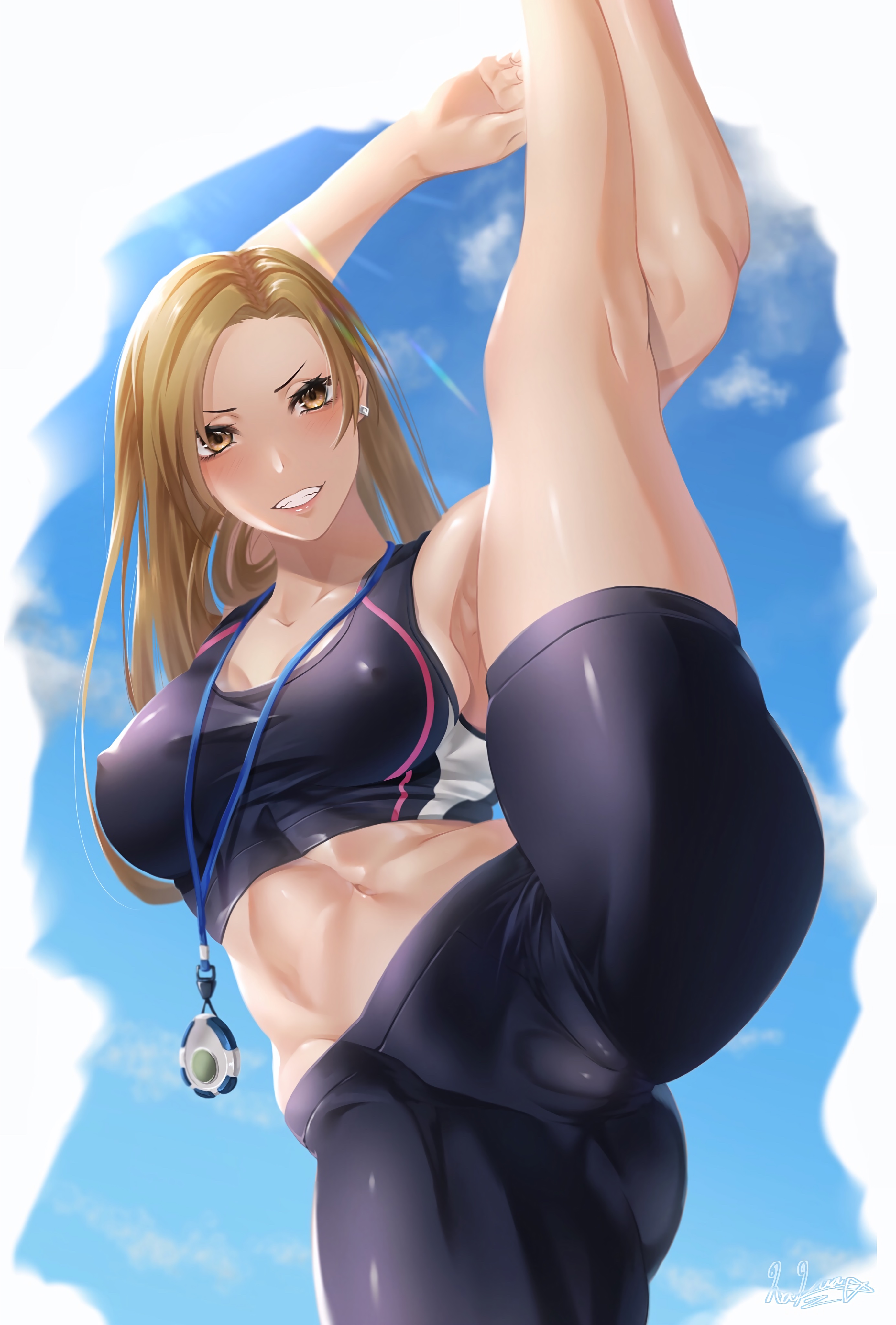 belly, belly button, big breasts, breasts, cameltoe, female, hakua (hka art), lifting leg, pussy, sports bra, sportswear, sweating, tummy