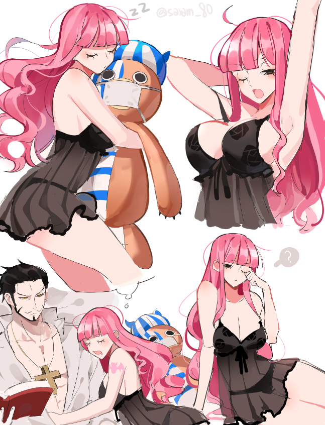 big_breasts breasts dracule_mihawk female lingerie male one_piece perona pink_hair post-timeskip saram_80 tagme