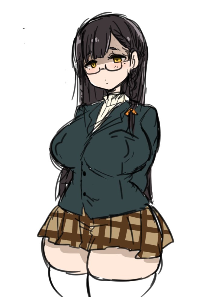1girls, breasts, fat thighs, female, glasses, huge breasts, nikuzirupai, plump, school uniform, skirt, slightly chubby, solo, thick, thick thighs, thigh highs, thighhighs, thighs, wide hips