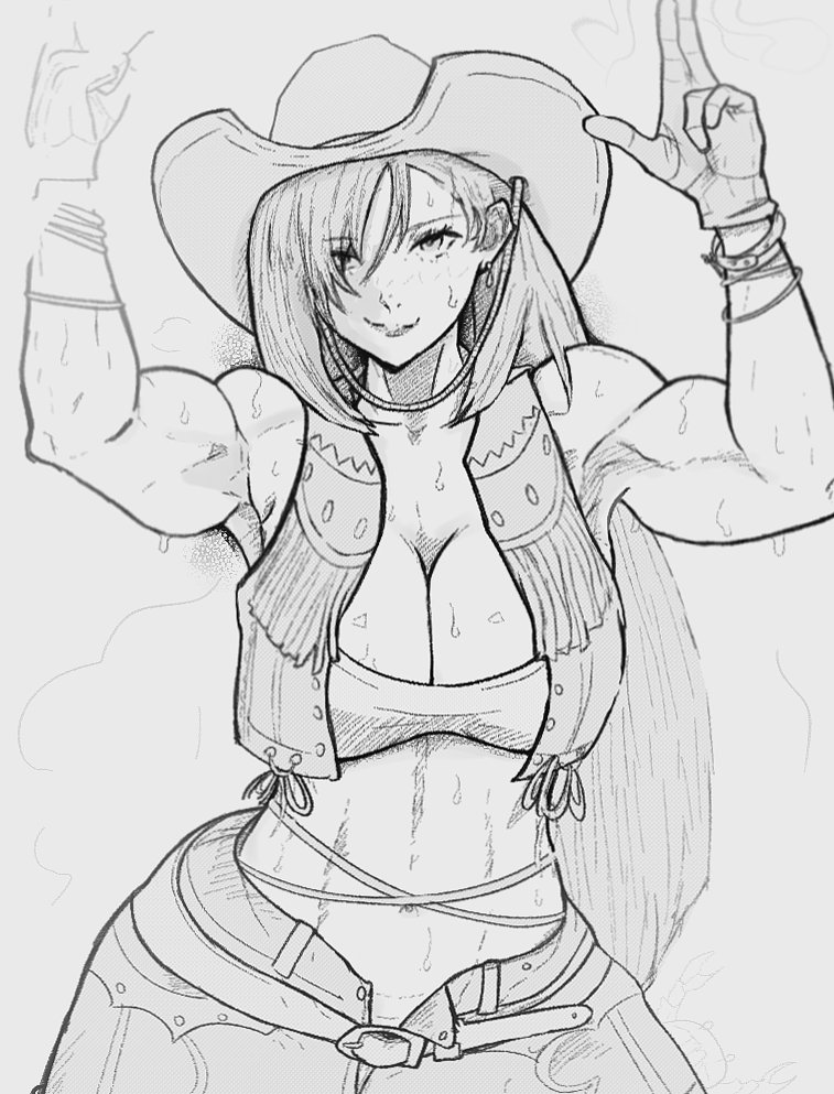 black hair, breasts, buff, cowgirl, cowgirl outfit, drawn, female, final fantasy, final fantasy vii, fit, huge breasts, muscular, muscular arms, muscular female, sweaty, thick, tifa lockhart, toned, yoracrab