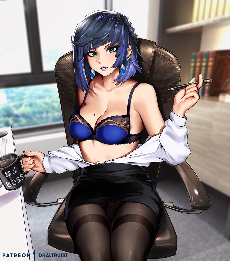 bra draltruist genshin_impact office_lady pantyhose skirt yelan_(genshin_impact)