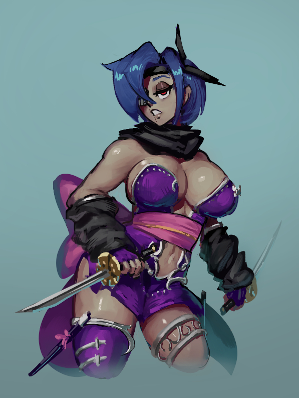 bathsalts1, big breasts, blue hair, breasts, cleavage, dagger, female, front view, holding weapon, looking at viewer, red eyes, skullgirls, valentine (skullgirls)