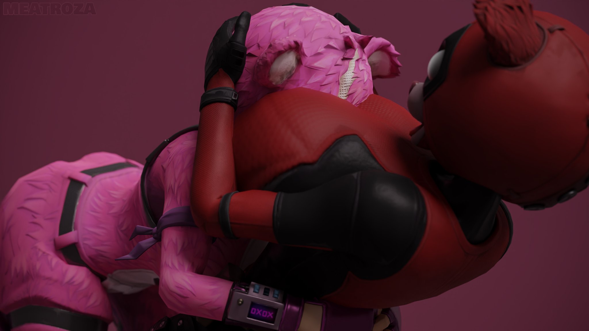 2girls, 3d, bear, breasts, crossover, cuddle team leader, cuddlepool (fortnite), deadpool, female, fortnite, fortnite: battle royale, hugging, hugging breasts, marvel, marvel comics, meatroza, pink body, pink fur, pink hair, red background, red body, red fur, red hair, yuri