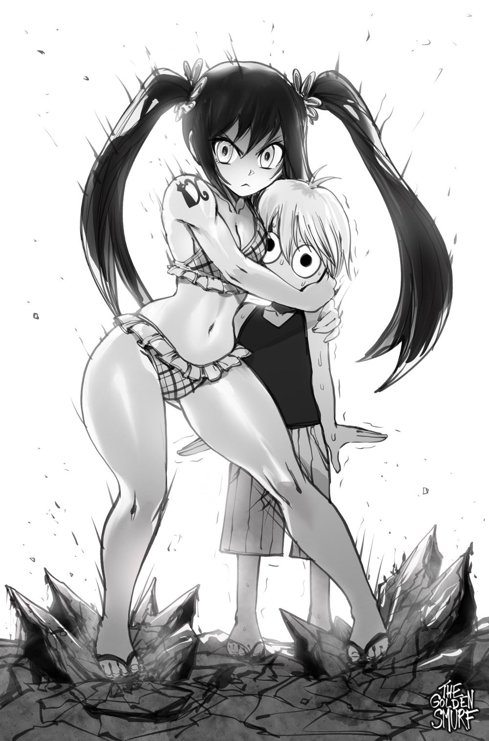 1boy, 1girls, bikini, fairy tail, female, hi res, holding head, male, monochrome, shocked, thegoldensmurf, thick thighs, wendy marvell