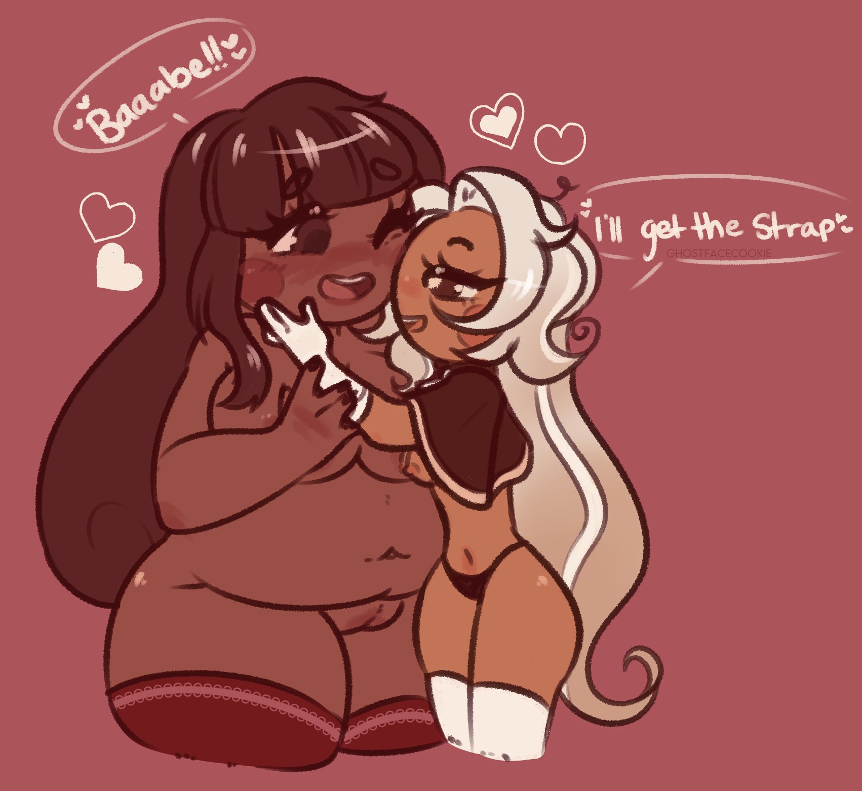 2girls, areolae, ass, belly, big ass, big belly, big breasts, blush, breasts, brown eyes, brown hair, chubby, chubby female, cocoa cookie, cookie run, dark skin, dark-skinned female, dialogue, duo, english text, eyelashes, fat, female, female only, female/female, ghostfacecookie, gloves, happy, heart, imminent sex, latte cookie (cookie run), mostly nude, multiple females, multiple girls, navel, nipples, open mouth, panties, pussy, red background, simple background, size difference, slim, smile, speech bubble, stockings, tan body, tan skin, thick thighs, white hair, wholesome, yuri