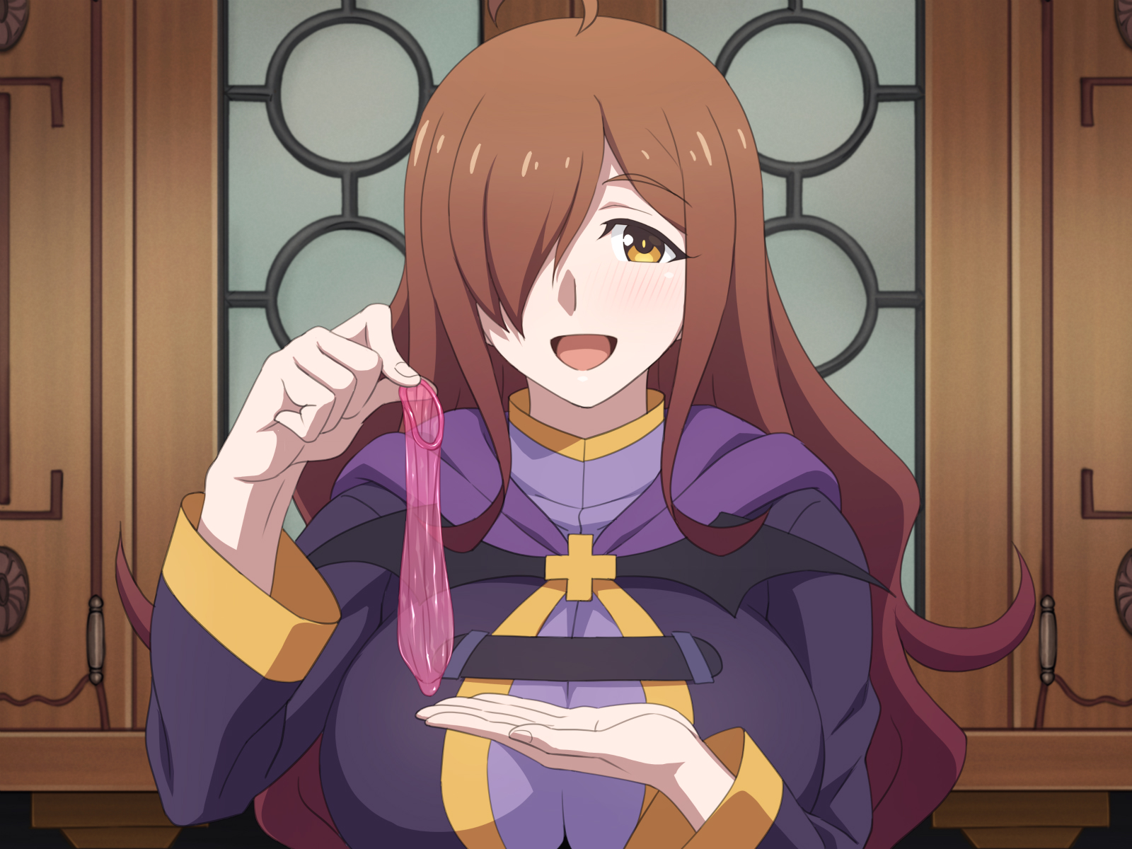 1girls, big breasts, breasts, condom, female, female only, hair over one eye, holding condom, kono subarashii sekai ni shukufuku wo!, looking at viewer, open mouth, solo, tedain, used condom, wiz (konosuba)