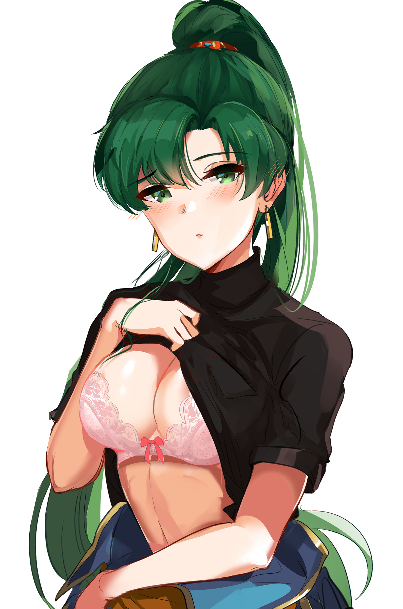 1girls, big breasts, blush, bra, breasts, cleavage, female, fire emblem, fire emblem: the blazing blade, flashing, green eyes, green hair, hi res, looking at viewer, lyn (fire emblem), nintendo, ormille, ponytail, shirt lift, solo, underwear