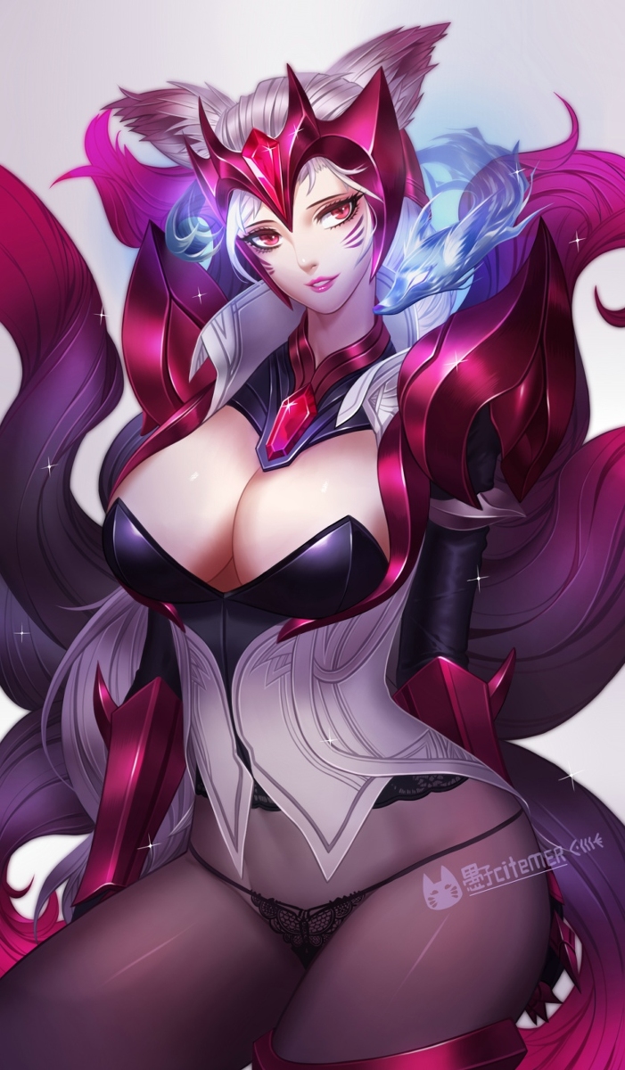 9_tails ahri alternate_costume alternate_hair_color alternate_hairstyle animal_ear_fluff animal_ears animal_girl big_breasts breasts busty challenger_ahri child_bearing_hips citemer cleavage clothing curvaceous curves curvy curvy_body curvy_female curvy_females curvy_figure curvy_hips eyelashes eyeliner eyeshadow facial_markings female female_only fluffy fluffy_ears fluffy_tail fluffy_tails fox fox_ears fox_girl fox_tail furry_tail glistening glistening_body glistening_breasts glistening_hair glistening_skin headgear hips hourglass_figure huge_breasts humanoid inner_ear_fluff kemonomimi kitsune large_breasts league_of_legends light-skinned_female light_skin lips lipstick long_hair multiple_tails nine_tailed_fox pale-skinned_female pale_skin red_eyes riot_games smile smiling smiling_at_viewer tail thick_thighs thighs vastaya video_games voluptuous white_hair wide_hips