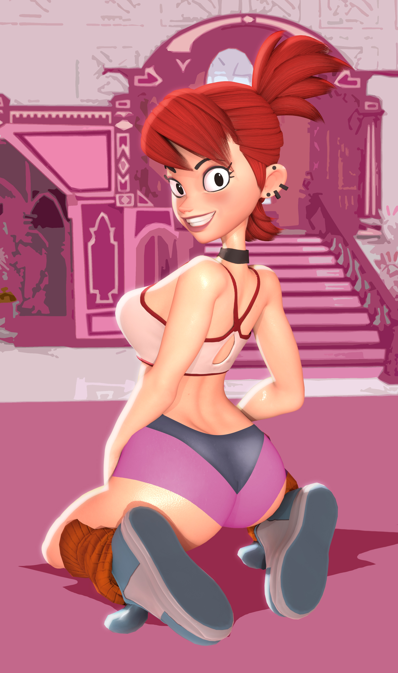 1girls, 3d, ass, big breasts, breasts, crisisbeat, female, foster's home for imaginary friends, frankie foster, gym shorts, gym uniform, high resolution, ponytail, red hair, solo female, tagme