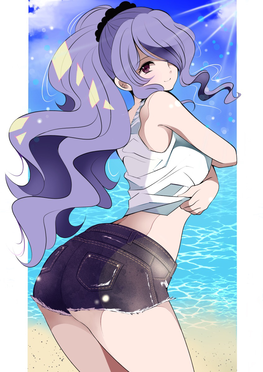 1girls alternate_costume alternate_hairstyle ass beach big_ass blue_shorts blue_sky breasts brown_eyes camilla_(fire_emblem) closed_mouth cloud clouds commentary_request contemporary day denim denim_shorts eyebrows_visible_through_hair fe135700 female female_only fire_emblem fire_emblem_fates hair_over_one_eye highres jean_shorts long_hair looking_at_viewer medium_breasts midriff nintendo ocean one_eye_covered outdoors pillarboxed pocket ponytail purple_eyes purple_hair sand shirt short_shorts shorts sky sleeveless sleeveless_shirt smile solo sunlight tank_top tank_top_lift undressing very_long_hair water wavy_hair white_shirt white_tank_top