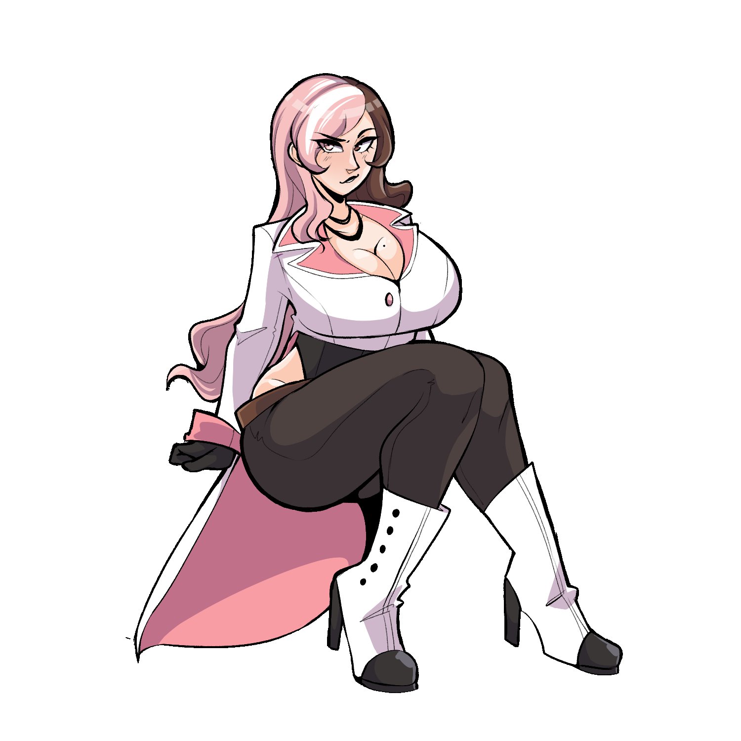1girls, bare thighs, beauty mark, bluueygooey, boots, breasts, brown eyes, brown hair, cleavage, crossed legs, curvy, female, female only, gloves, heterochromia, high heels, huge breasts, looking at viewer, mole, mole on breast, multicolored hair, neo (rwby), pants, pink eyes, pink hair, rwby, sitting, smile, solo, thick thighs, thighs, very long hair, voluptuous, white background