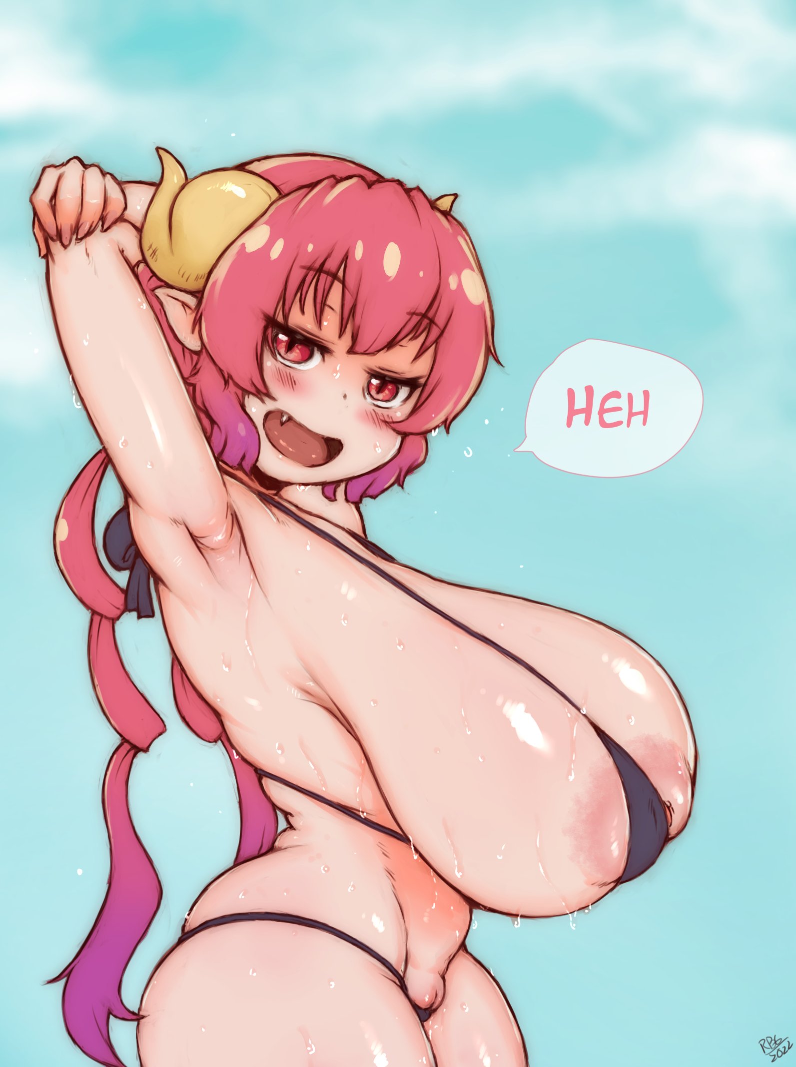 1girls, areola slip, armpit pose, armpits, big breasts, bikini, breasts, dragon girl, dragon horns, fang, female, horns, huge breasts, hyper breasts, ilulu (dragon maid), long hair, long tail, micro bikini, miss kobayashi's dragon maid, nipple slip, pussy peek, randomboobguy, shortstack, smug, swimsuit