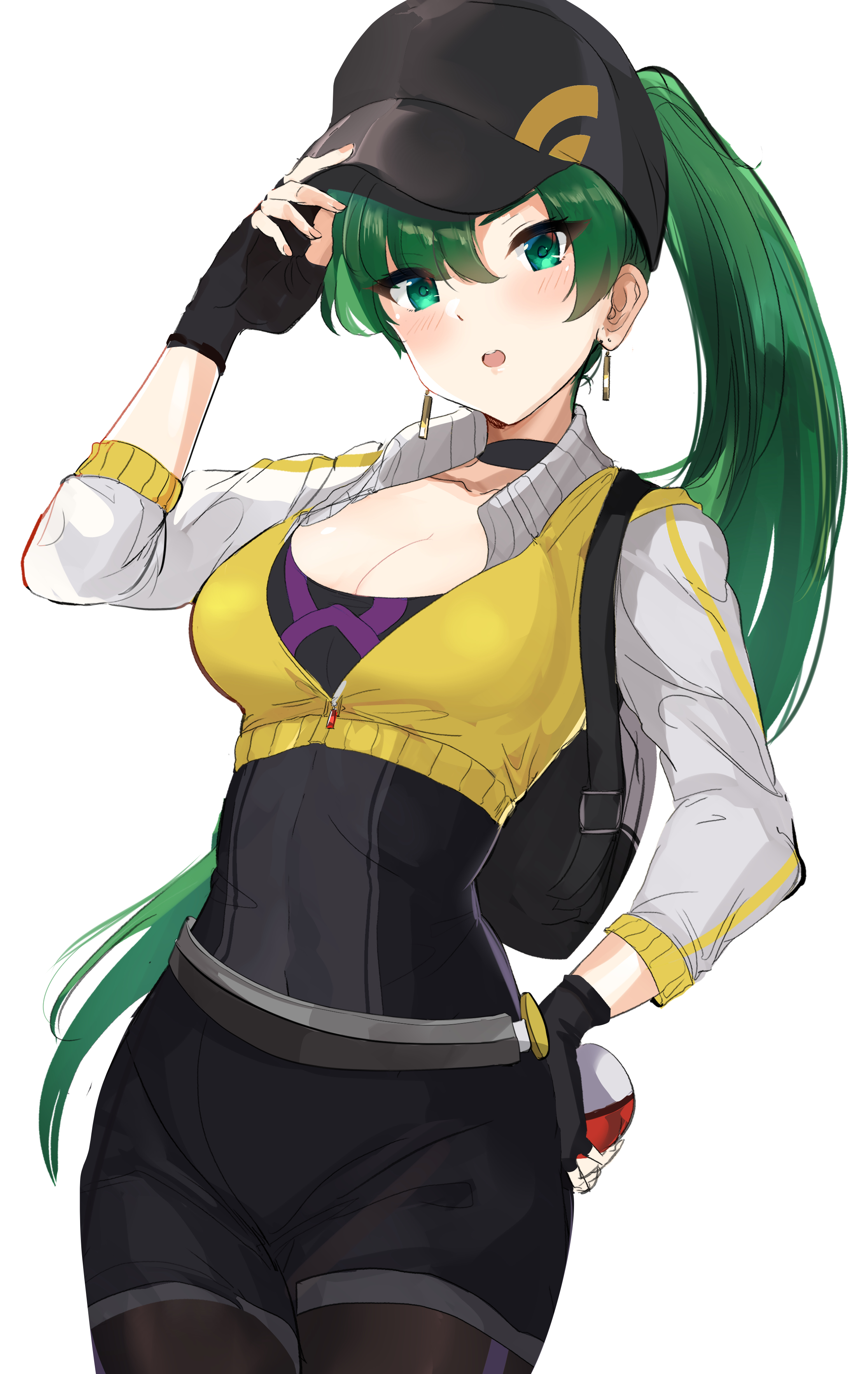 1girls, backpack, big breasts, bodysuit, breasts, cap, cleavage, female, female protagonist (pokemon go), fingerless gloves, fire emblem, fire emblem: the blazing blade, gloves, green eyes, green hair, hat, hi res, leggings, long sleeves, looking at viewer, lyn (fire emblem), nintendo, ormille, pokeball, pokemon, pokemon go, ponytail, shorts, solo
