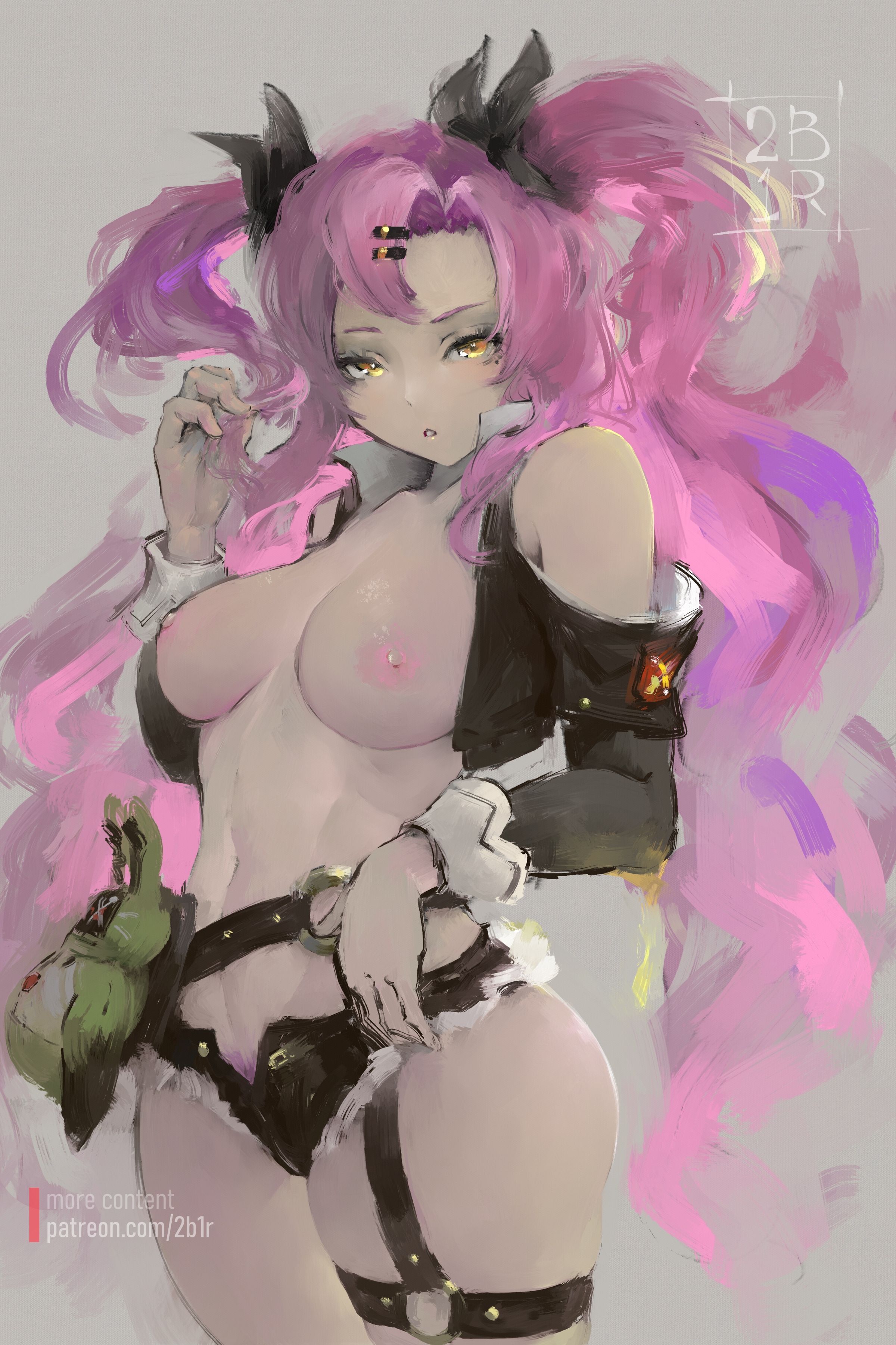 1girls, 2bells1ravine, breasts, female, holding, holding hair, jacket, looking at viewer, mole, mole under eye, navel, nicole demara, nipples, nude, pink hair, pubic hair, pussy, short shorts, tongue, tongue out, twintails, zenless zone zero