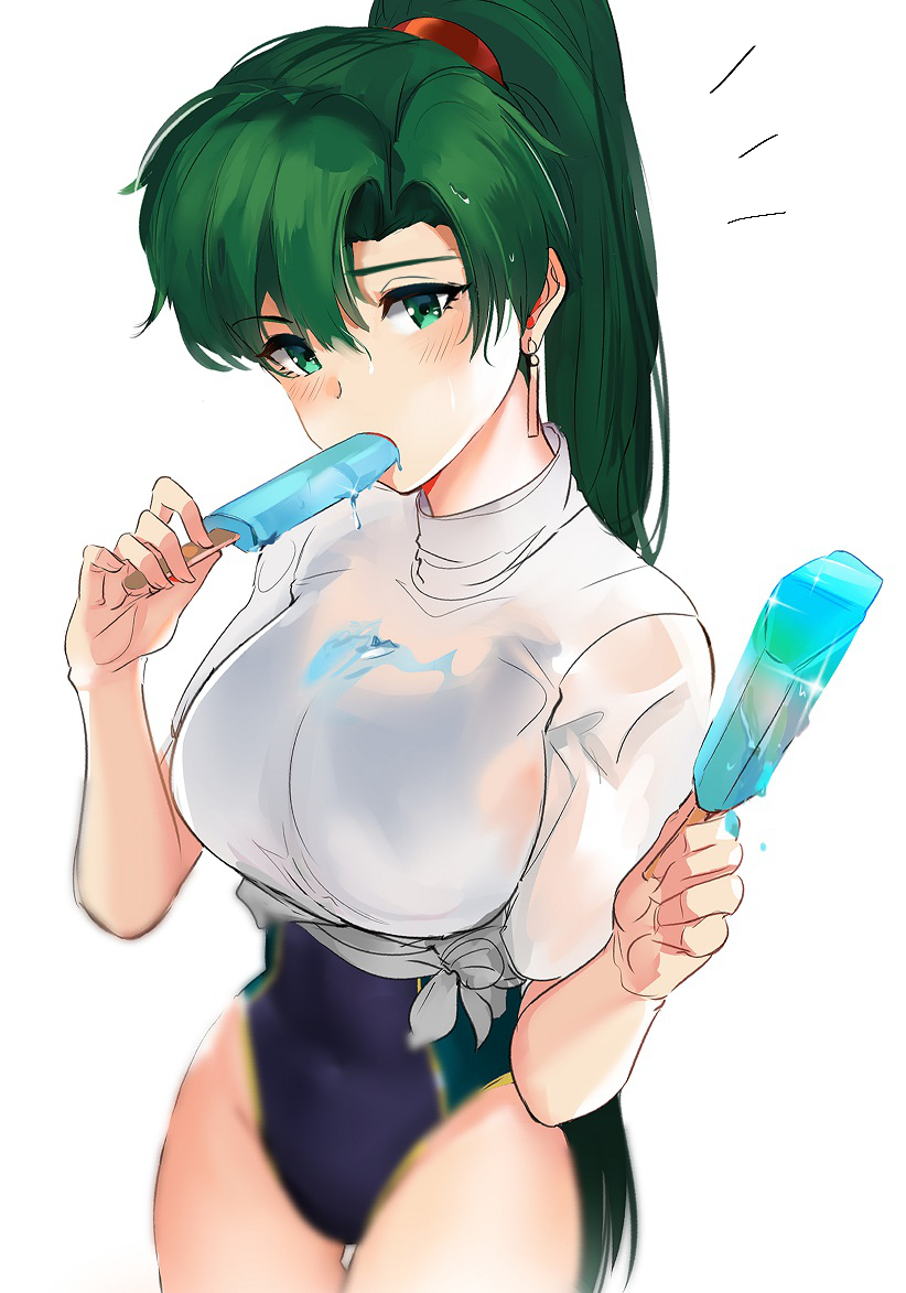 1girls bangs blue_swimsuit blush breasts commentary_request covered_navel earrings eating fire_emblem fire_emblem:_the_blazing_blade food green_eyes green_hair hi_res high_ponytail hip_focus hips ice_cream jewelry large_breasts long_hair looking_at_viewer lyn_(fire_emblem) melting_popsicle nintendo one-piece_swimsuit ormille ponytail popsicle red_scrunchie scrunchie see-through shirt simple_background solo swimsuit swimsuit_under_clothes thigh_gap thighs tied_shirt wet_clothes white_background white_shirt