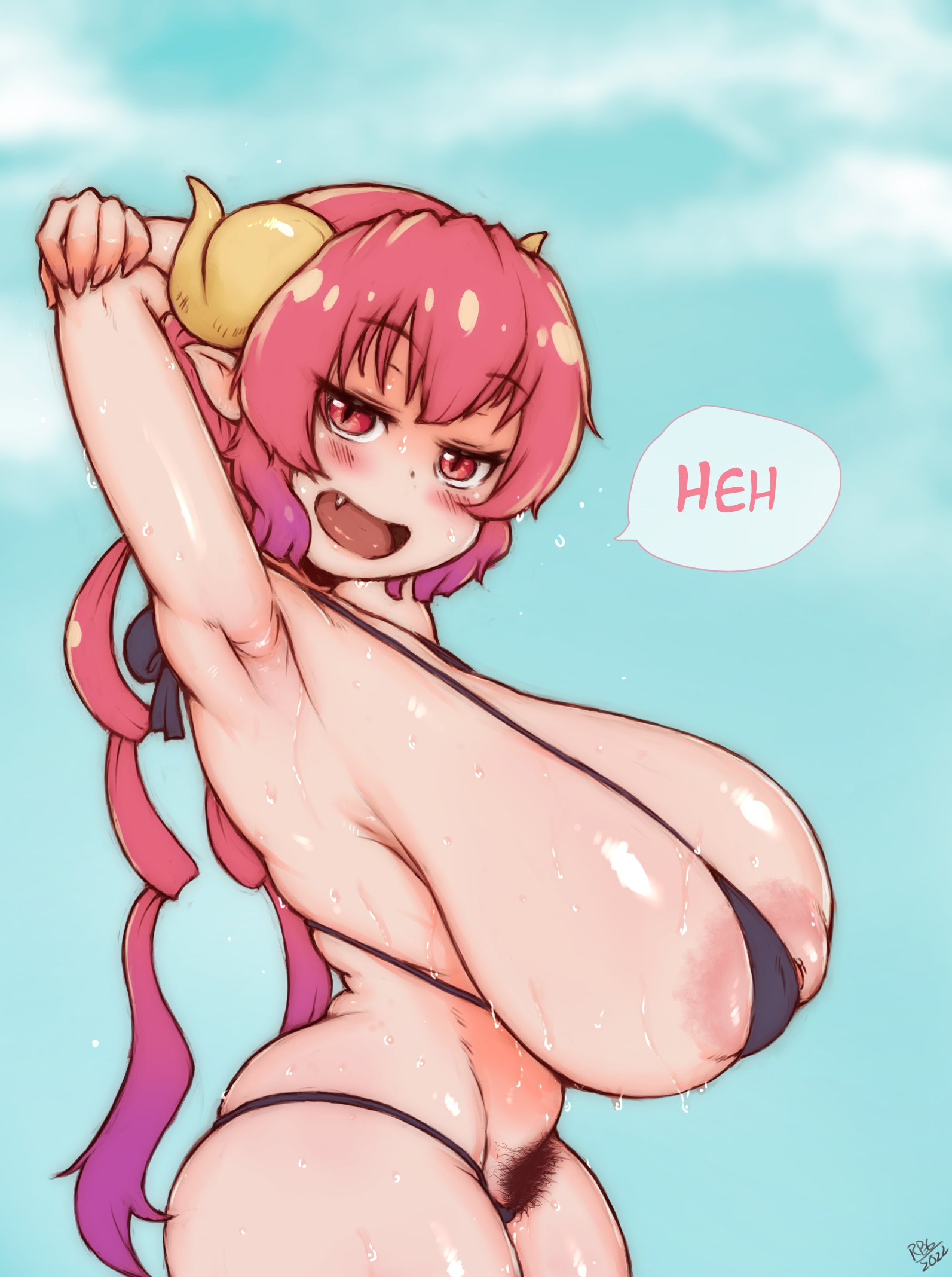 1girls, big breasts, bikini, breasts, female, horns, huge areolae, huge breasts, hyper breasts, ilulu (dragon maid), inverted nipples, long hair, long tail, micro bikini, miss kobayashi's dragon maid, pubic hair, puffy nipples, randomboobguy, shortstack, smug, smug face, smug grin