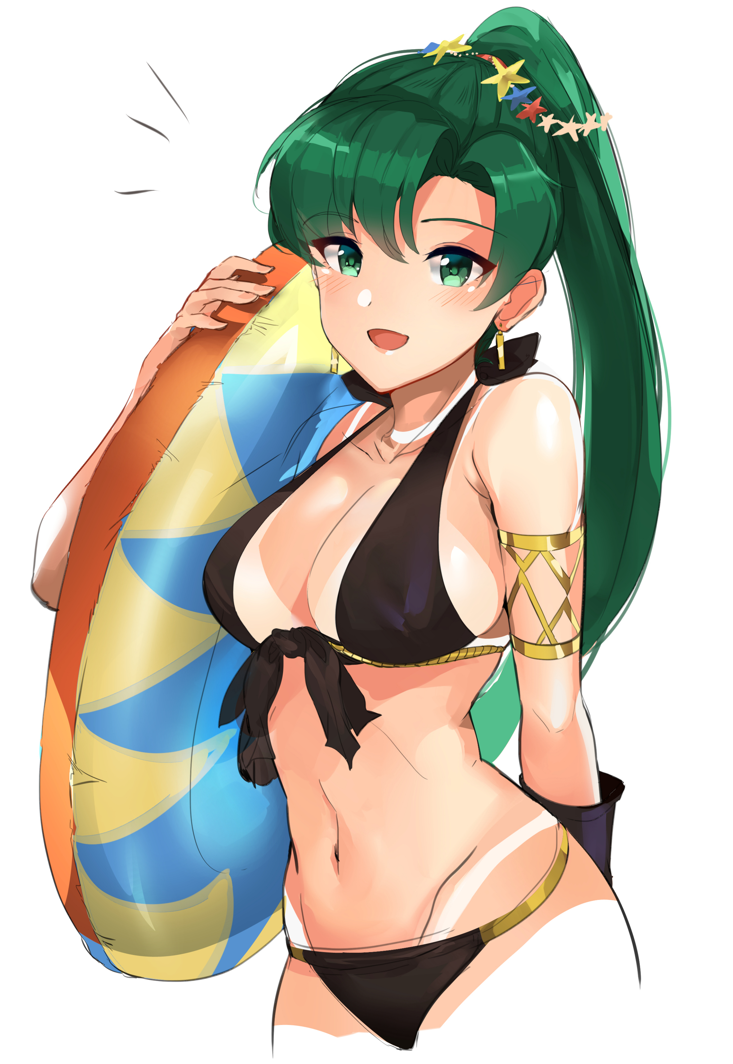 :d, ^^^, 1girls, absurdres, alternate costume, armlet, bare arms, bare shoulders, bikini, bikini tan, black bikini, black ribbon, black swimsuit, blush, breasts, cleavage, collarbone, commentary request, covered nipples, cowboy shot, earrings, eyebrows visible through hair, female, female only, fire emblem, fire emblem: the blazing blade, front-tie bikini, front-tie top, green eyes, green hair, groin, hair ornament, hand up, hi res, high ponytail, highres, holding, innertube, jewelry, large breasts, lifebuoy, long hair, looking at viewer, lyn (fire emblem), navel, nintendo, open mouth, ormille, ponytail, ribbon, simple background, smile, solo, star (symbol), star hair ornament, stomach, swimsuit, tan, tanlines, very long hair, white background