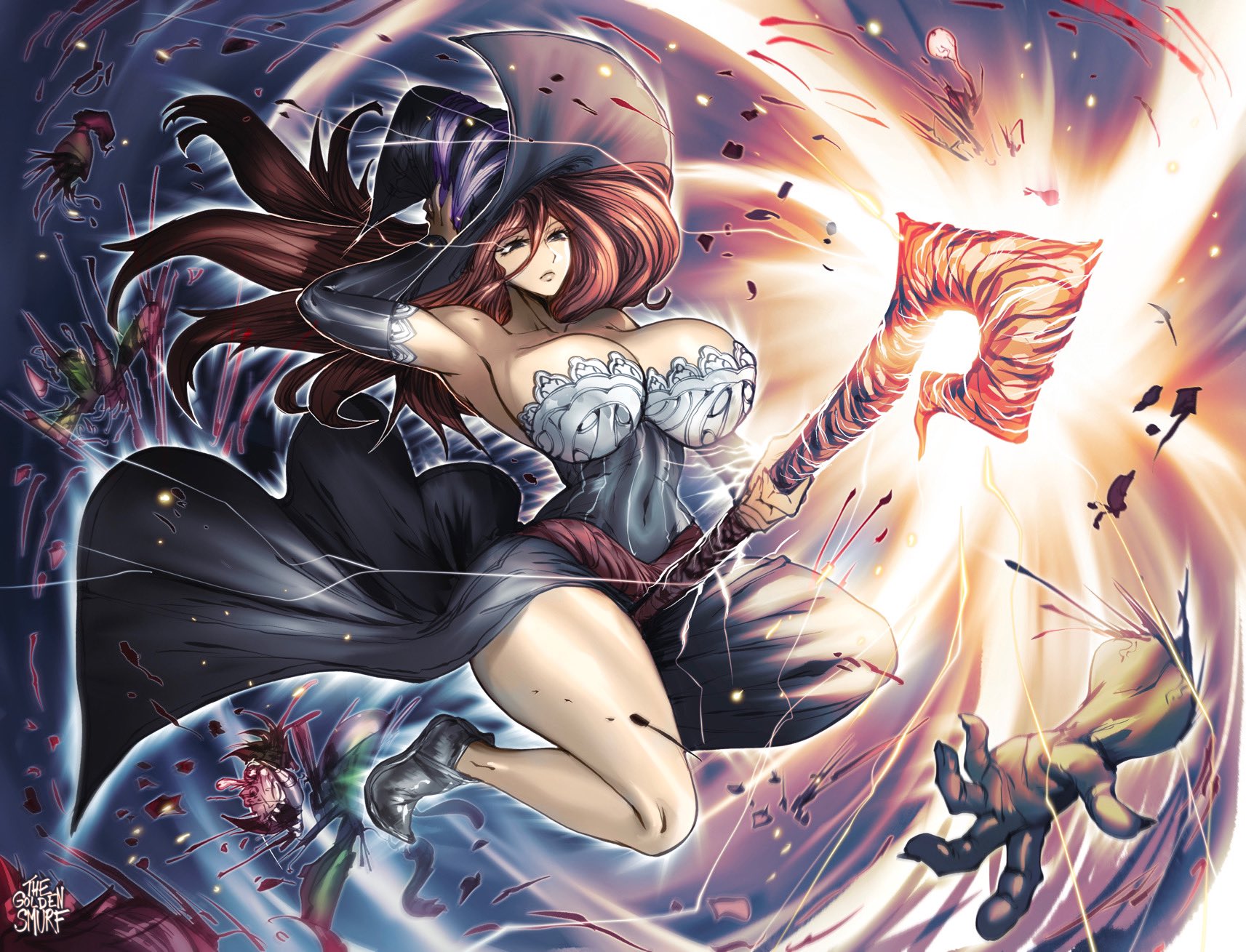 1girls, big breasts, blood, breasts, detailed background, dismemberment, dragon's crown, female, female only, hi res, holding hat, long hair, narrowed eyes, red hair, solo, solo female, sorceress (dragon's crown), staff, thegoldensmurf, thick thighs, unamused, witch hat