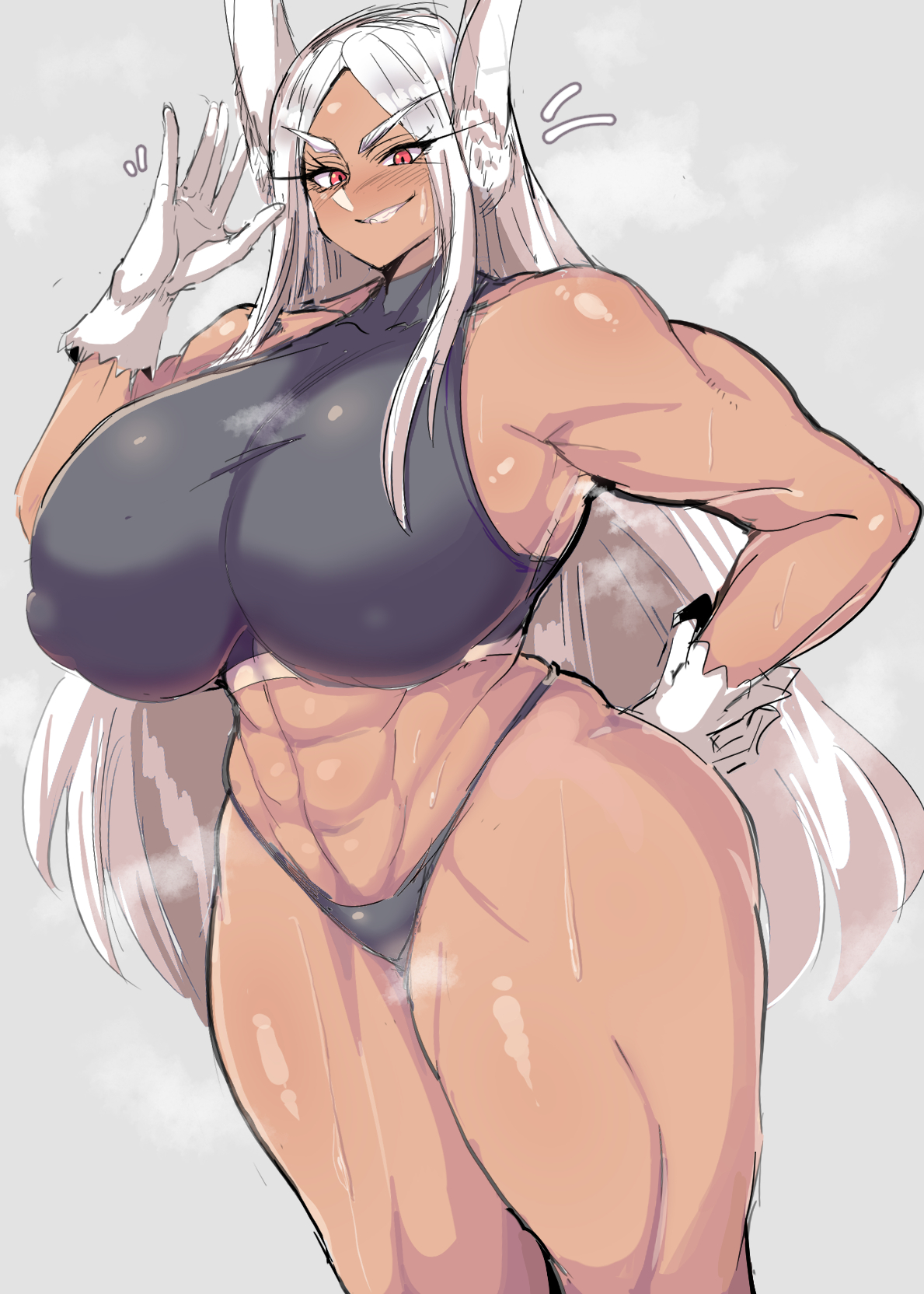 abs, big breasts, breasts, female, huge breasts, looking at viewer, miruko, muscular, muscular female, muscular thighs, my hero academia, red eyes, rumi usagiyama, rururu82010664, thick thighs, thighs bigger than head, white hair