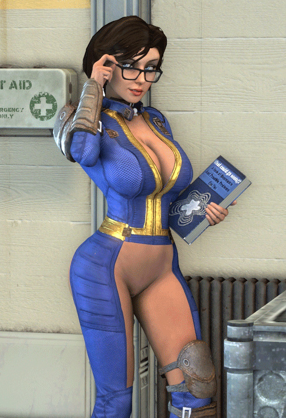 2022, 3d, big breasts, bioshock, bioshock infinite, blue eyes, bodysuit, breasts, brown hair, busty, cleavage, crossover, crotchless, elizabeth comstock, fallout, female, female focus, female only, first aid kit, glasses, holding book, hourglass figure, knee pads, lipstick, long hair, looking at another, lordaardvark, no artist signature, no source, open bodysuit, ponytail, pussy, red lipstick, shaved pussy, standing, tagme, vagina, vault suit, wide hips