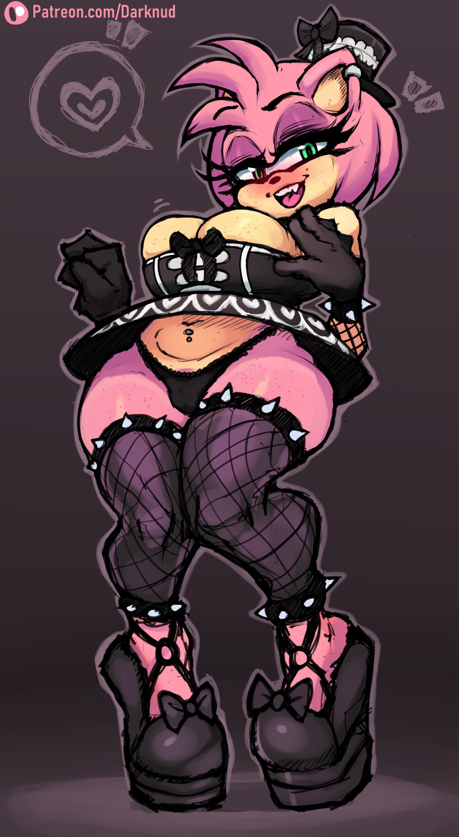 1girls, 2022, amy rose, anthro, black gloves, blush, breasts, busty, cleavage, darknud, ear piercing, female, female focus, female only, fishnet armwear, fishnet stockings, fishnets, full body, fur, furry, furry only, gloves, goth, gothic lolita, gothified, green eyes, half-closed eyes, hat, heart, hedgehog, hourglass figure, navel piercing, piercing, pink fur, platform boots, platform footwear, platform heels, platform shoes, sega, sonic (series), sonic runners, sonic the hedgehog (series), spiked bracelet, spiked legband, spikes, spoken heart, tagme, thick thighs, wide hips