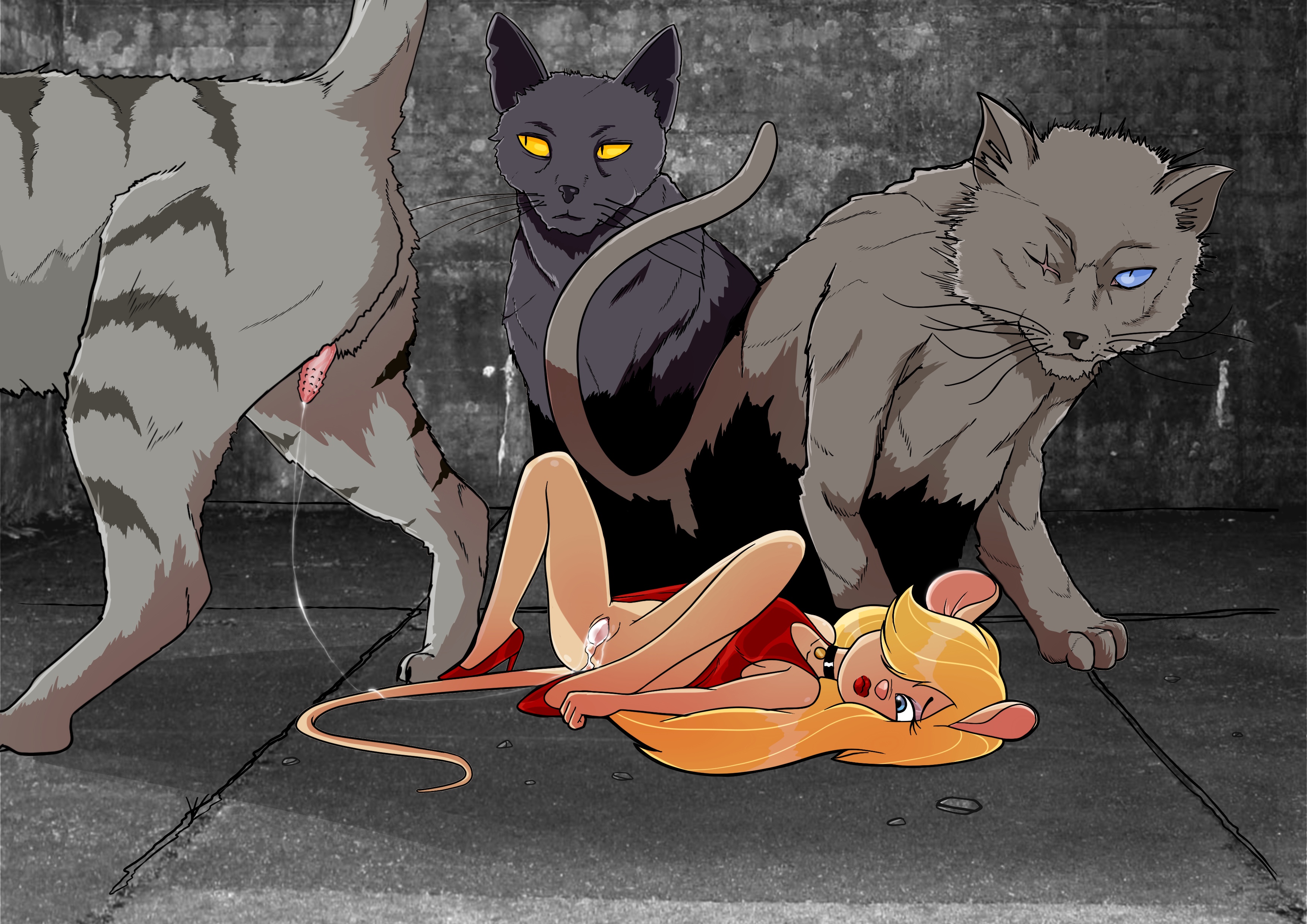 2017, absurd res, after sex, alley, animal genitalia, animal penis, anthro, anthro on feral, blonde hair, blue eyes, blue sclera, bodily fluids, chip 'n dale rescue rangers, choker, clothed, clothing, clothing lift, cum, cum from pussy, cum in pussy, cum inside, cum on ground, cum string, desiree d'allure, disney, domestic cat, dress, dress lift, dude-doodle-do, erection, eye scar, eyelshes, facial scar, felid, feline, feline penis, felis, female, feral, gadget hackwrench, genital fluids, genitals, group, hair, hi res, high heels, interspecies, jewelry, larger male, long hair, lying, male, male/female, mammal, mouse, murid, murine, necklace, on back, penile spines, penis, pussy, red clothing, red dress, rodent, scar, size difference, smaller female, spread legs, spreading, walking away, whiskers, yellow sclera, zoophilia