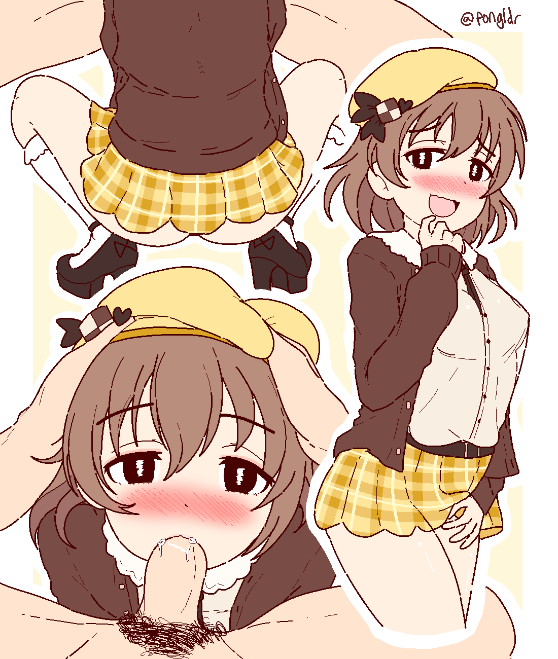 1boy 1girls ass bangs blush bow breasts brown_eyes brown_hair clothed_female clothed_sex dress eyebrows_visible_through_hair fellatio female highres kita_hinako long_sleeves looking_at_viewer multiple_views open_mouth oral penis pongldr short_hair signature skirt smile squatting tagme teasing twitter_username