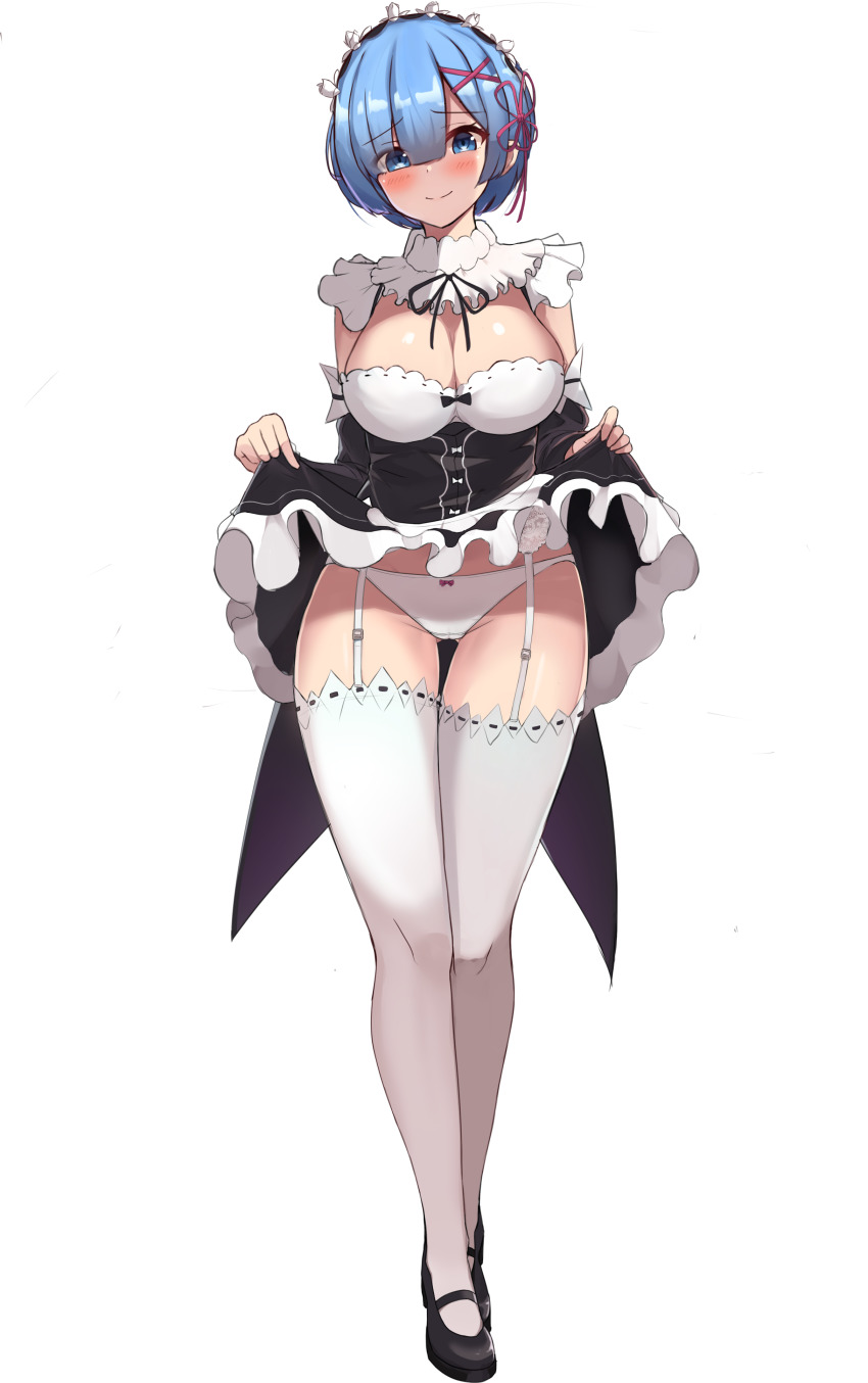 black hair, black shoes, blue eyes, blush, breasts, dress, dress lift, female, female only, garter belt, garter straps, happy, large breasts, looking at viewer, looking pleasured, maid, maid headdress, maid uniform, mary janes, re:zero kara hajimeru isekai seikatsu, red ribbon, rem (re:zero), shiny skin, short hair, smile, solo focus, sseong, standing, thick thighs, thighhighs, thighs, uncensored, underwear, white garter straps, white legwear, white panties, white stockings