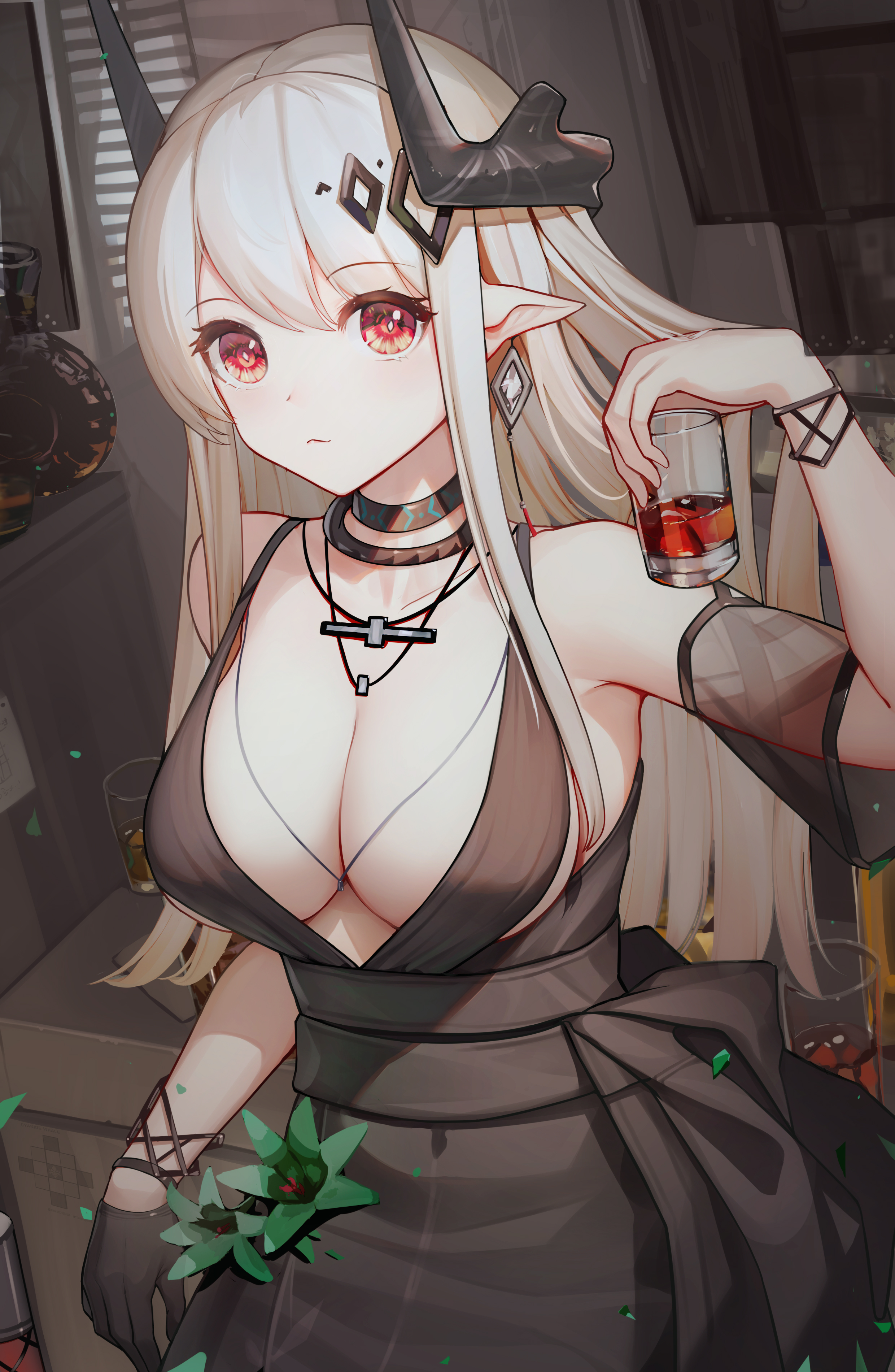 1girls, arknights, asymmetrical gloves, bare shoulders, big breasts, black dress, breasts, choker, cleavage, cyanide-whale, dress, earrings, female, female only, glass, gloves, highres, holding object, horns, indoors, long hair, looking at viewer, mudrock (arknights), mudrock (obsidian) (arknights), necklace, pointy ears, red eyes, solo, white hair