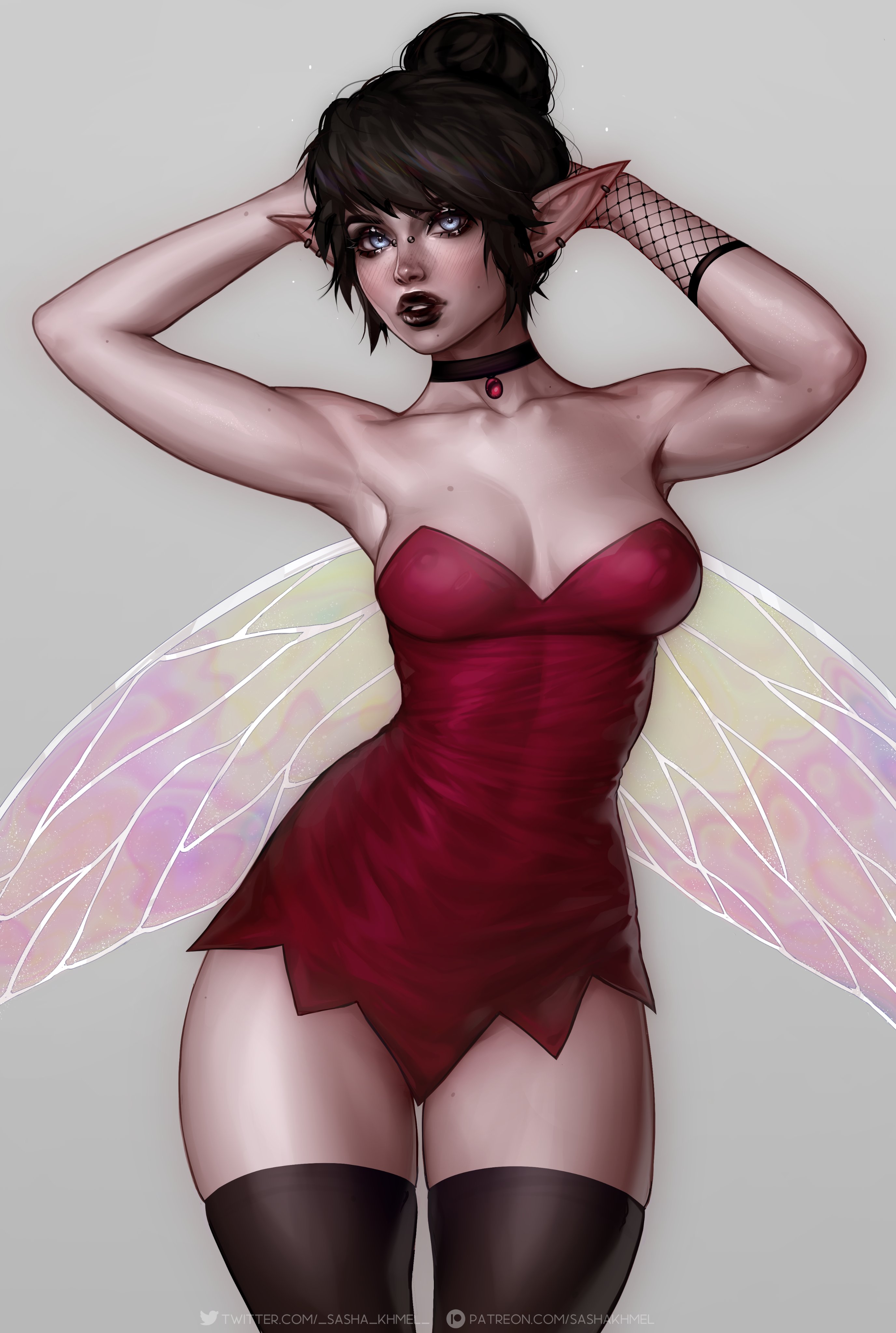 1girls, absurd res, arms behind head, black hair, black lipstick, black thighhighs, blue eyes, disney, dress, elf ears, fae, faerie, fairy, fairy wings, female, female only, fey, fishnet gloves, goth, goth girl, goth tomboy, gothified, grey background, insect wings, jpeg, looking at viewer, nose piercing, peter pan (disney), pixie, pixie wings, pointed ears, pointy ears, sasha khmel, solo, solo female, thick thighs, thigh squish, thighhighs, tied hair, tinker bell, tomboy