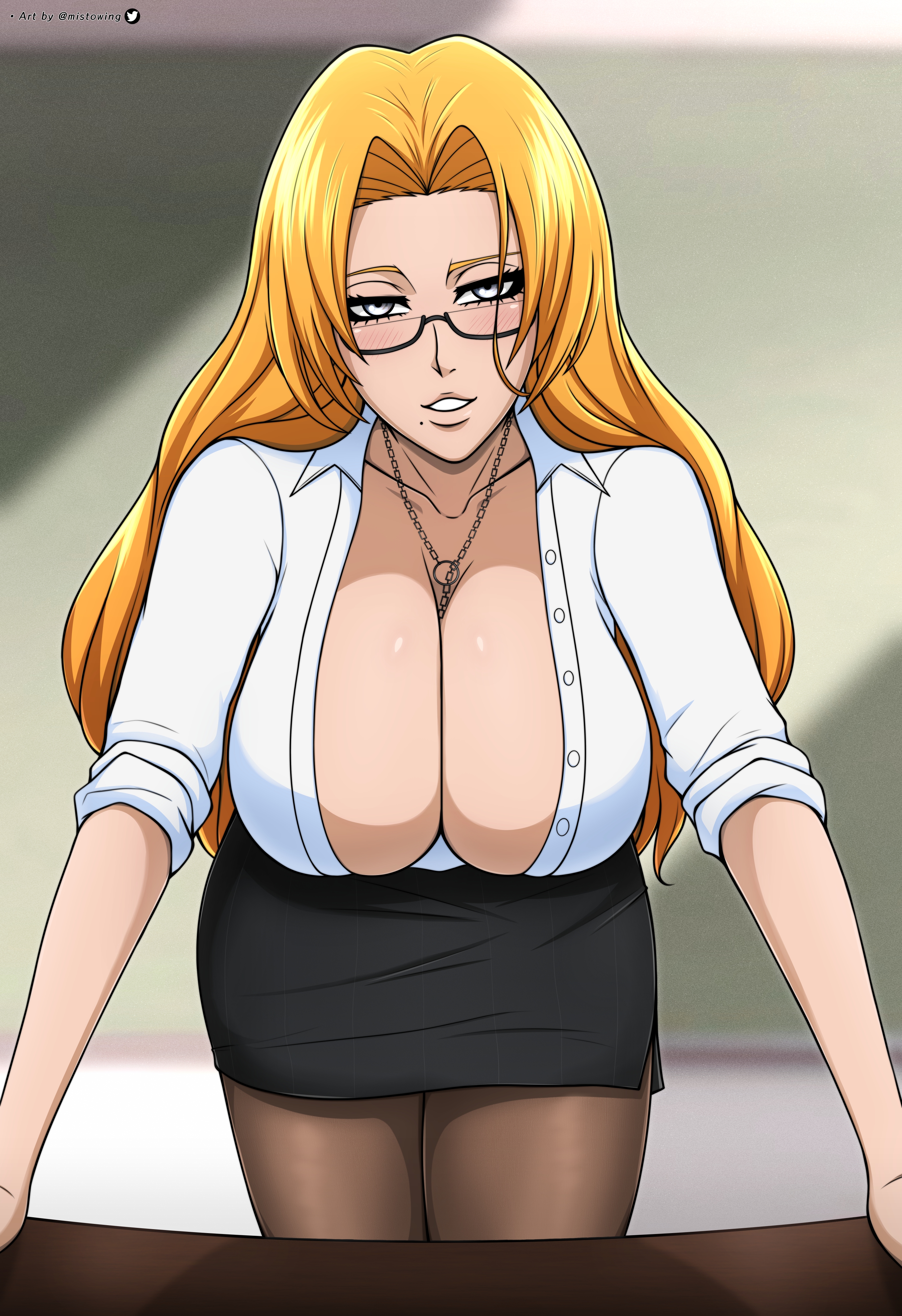1girls, alternate costume, arm support, beauty mark, bent over, big breasts, blackboard, bleach, blonde hair, blue eyes, blush, bottomwear, breast focus, breasts, bust, busty, center opening, chain necklace, chains, classroom, cleavage, clothed, clothed female, clothing, desk, eyelashes, eyewear, female, female only, glasses, huge breasts, large breasts, leaning, leaning forward, legs together, long hair, looking at viewer, matsumoto rangiku, mature, mature female, megane, mistowing, mole, mole under mouth, naughty, naughty face, necklace, no bra, open clothes, open shirt, oppai, pantyhose, parted lips, pendant, revealing clothes, seducing, seductive, seductive eyes, seductive look, seductive smile, shiny, shiny hair, shiny skin, shirt, skirt, sleeves rolled up, solo, solo female, solo focus, staring, staring at viewer, sunlight, table, teacher, tease, teasing, teasing viewer, thick thighs, unbuttoned, unbuttoned shirt, voluptuous