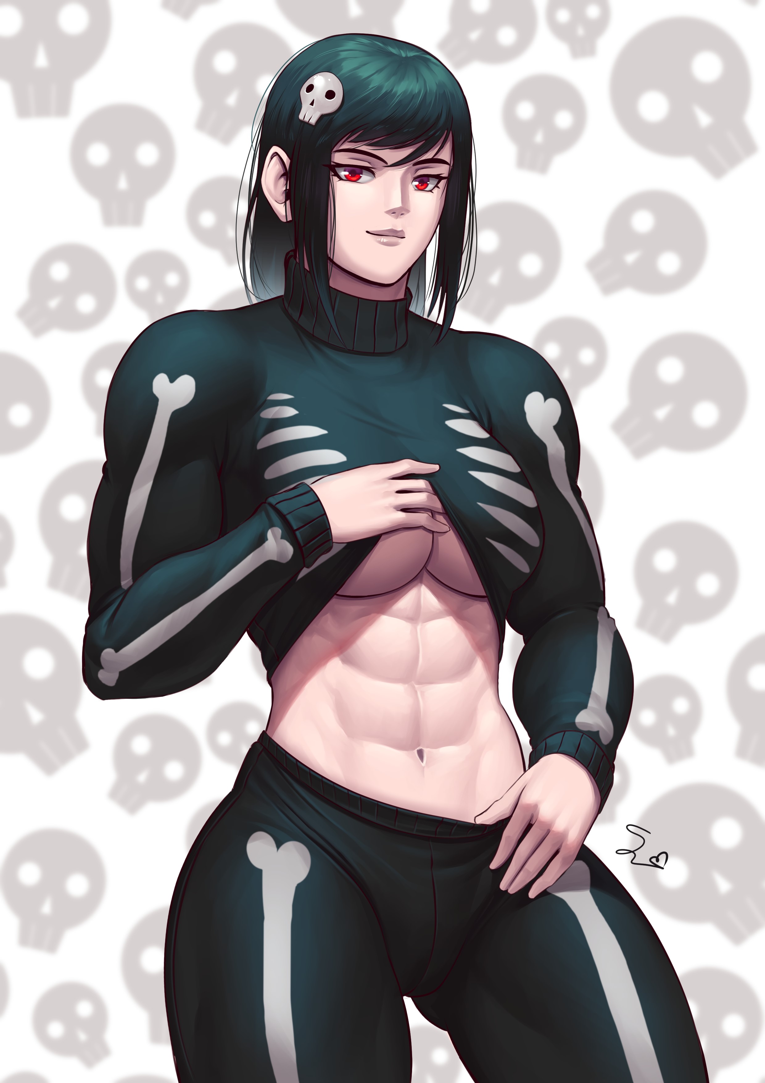 1girls, 2022, abs, absurd res, ass visible through thighs, black hair, black pants, black sweater, bone, breasts, female, female only, goth, goth tomboy, hair ornament, highres, large breasts, muscles, muscular, muscular female, navel, original, pants, red eyes, signature, simple background, skeleton print, skull, skull hair ornament, smile, solo, speedl00ver, standing, sweater, teasing, thick thighs, thighs, tight clothing, tomboy, turtleneck, turtleneck sweater, underboob