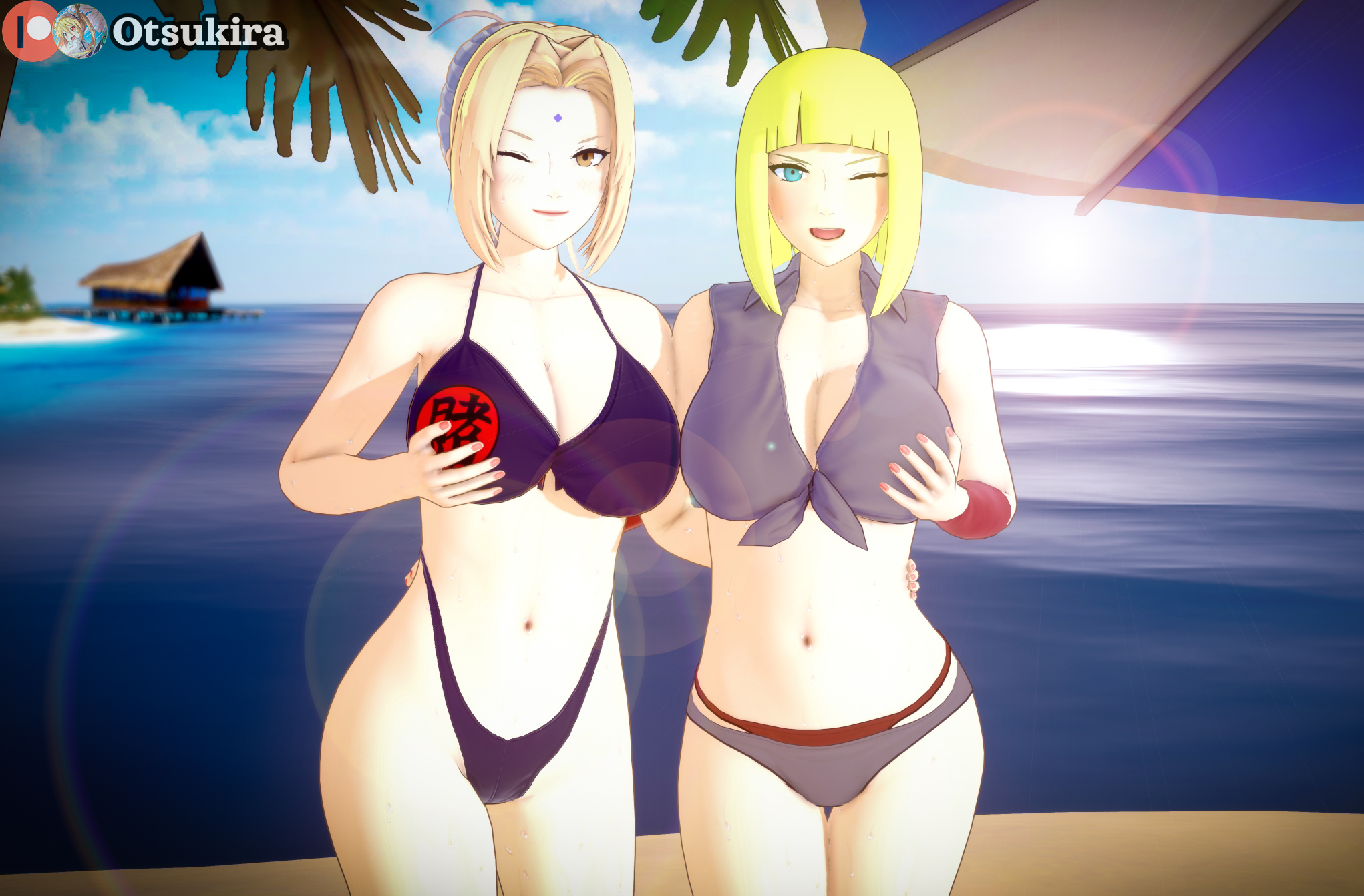 2girls, 3d, adapted costume, alternate costume, alternate hairstyle, beach, beach umbrella, big breasts, bikini, blonde hair, blue eyes, blunt bangs, breast grab, breasts, brown eyes, bust, cleavage, female, female only, fondling, fondling breast, hair bun, hand on breast, hand on own breast, hand on waist, highleg, highleg bikini, holding partner, koikatsu, landscape, long hair, looking at viewer, mature, mature female, midriff, multiple females, multiple girls, naruto, naruto (series), naruto shippuden, ocean, one eye closed, oppai, otsukira, outdoors, presenting, presenting breasts, presenting self, samui, sand, seaside, self fondle, shirt, shore, smile, sunlight, swimsuit, take your pick, tied hair, tied shirt, tsunade, umbrella, water, wink